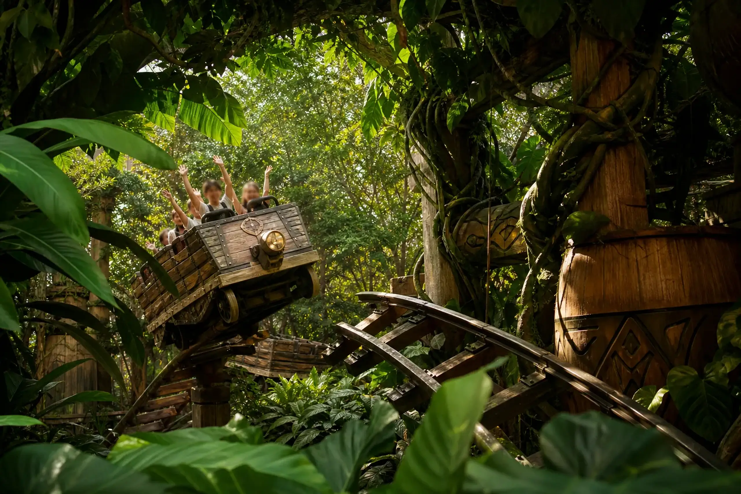 Donkey Kong Country mine-cart roller coaster amid jungle theming at Universal Studios Japan