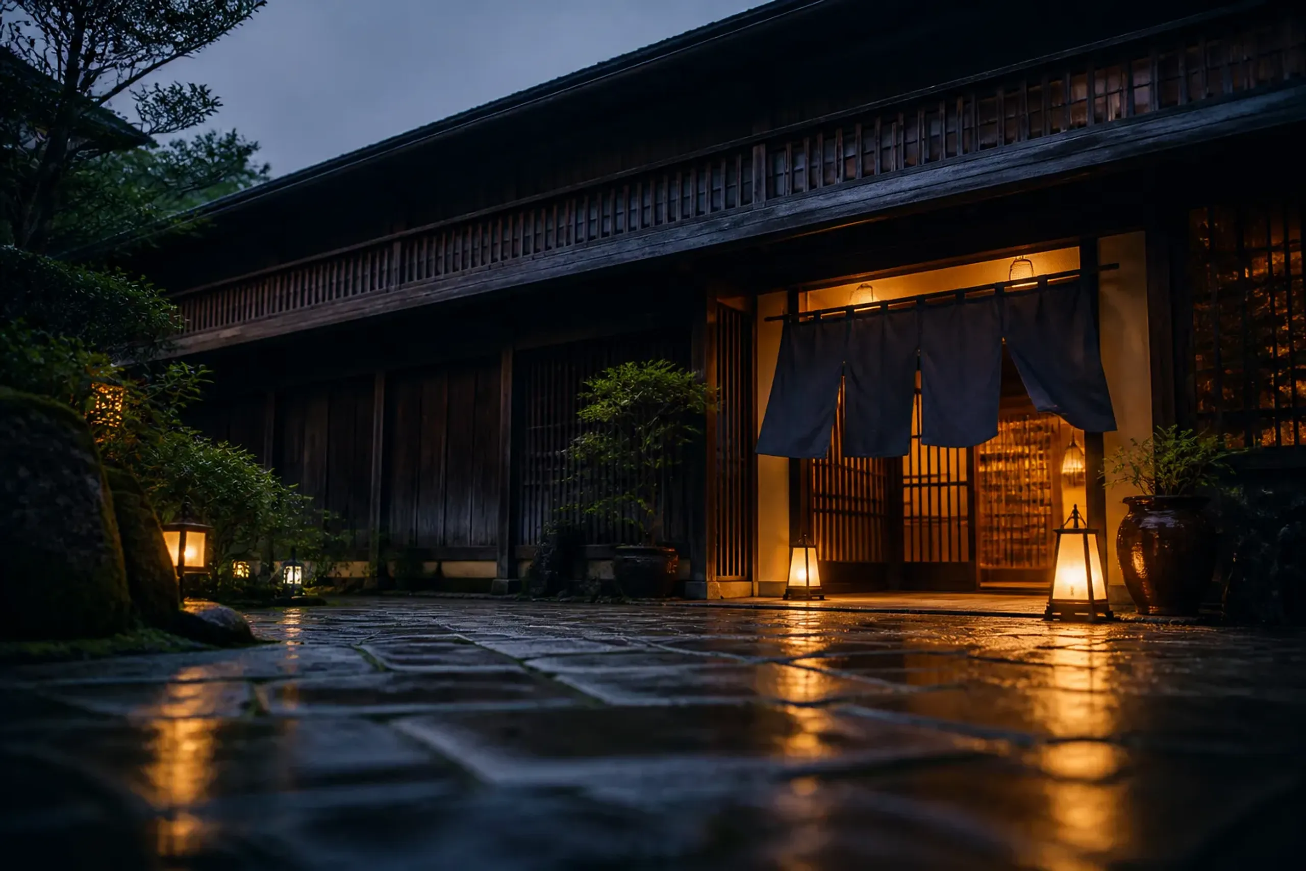 Traditional ryokan entrance in Yamanaka Onsen at night with soft lighting