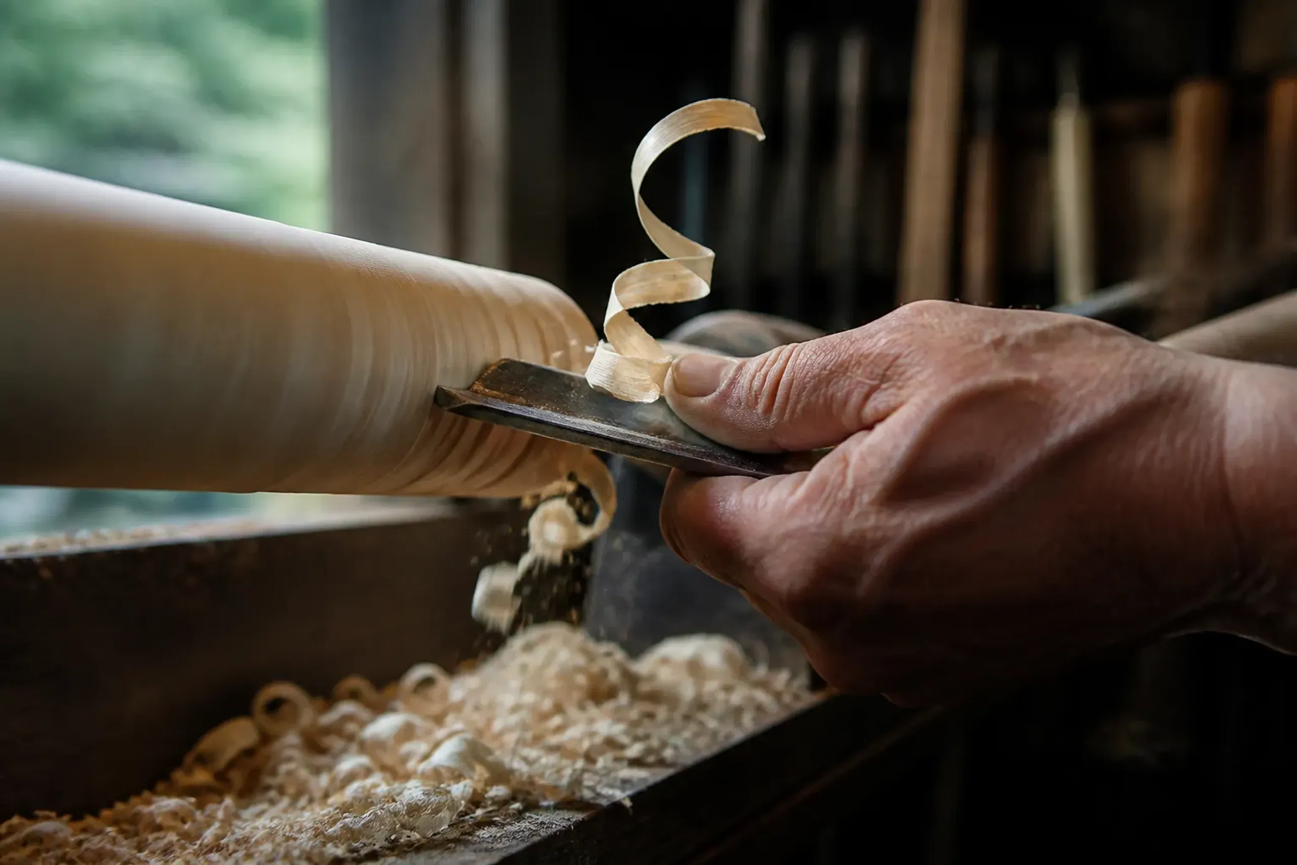 Hands using tools on a woodturning lathe with wood shavings