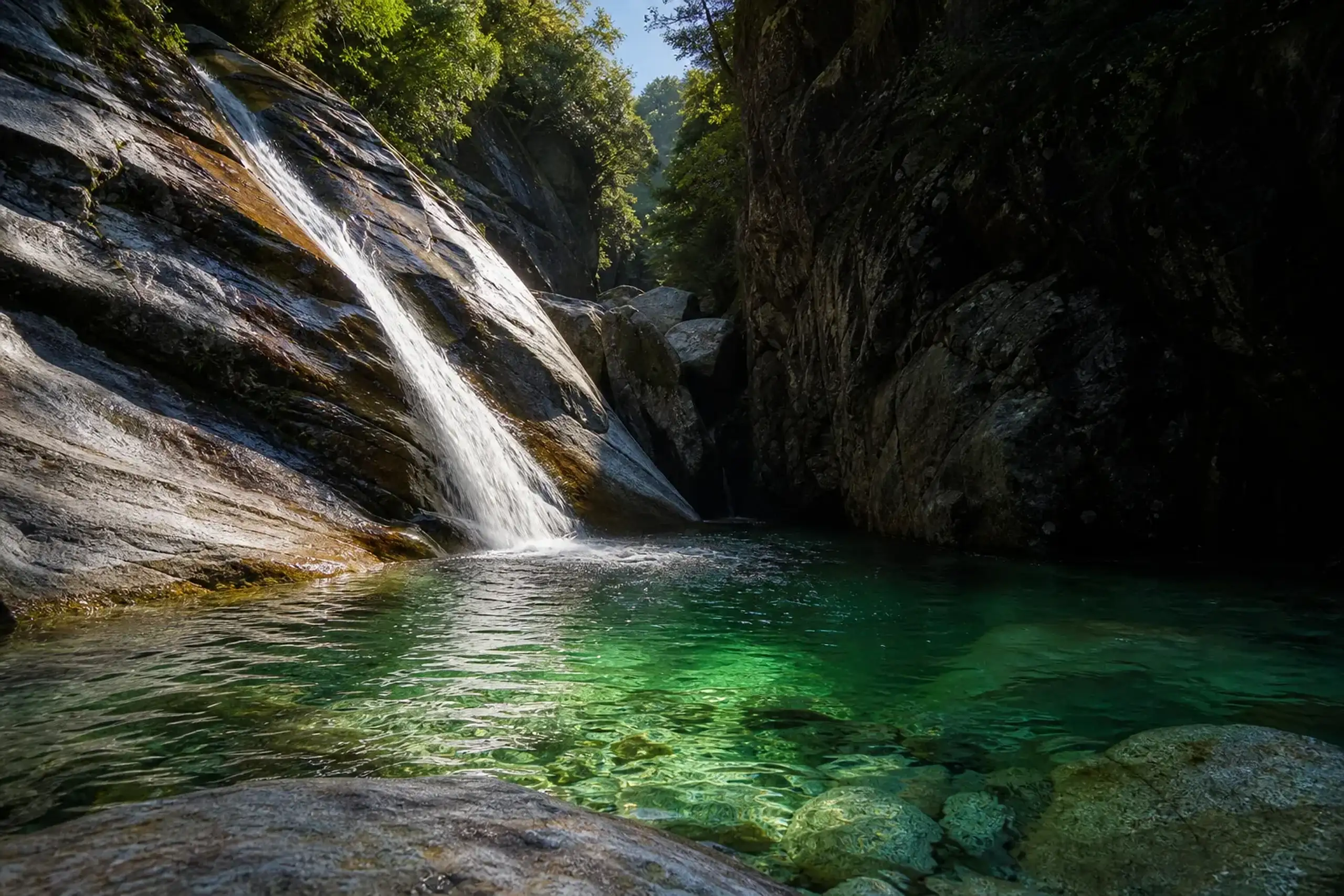 A clear emerald plunge pool at the base of a polished granite chute in a Hakuba green-season gorge, sunlight filtering through the canyon walls during mid-summer high-water flow in the Japanese Alps
