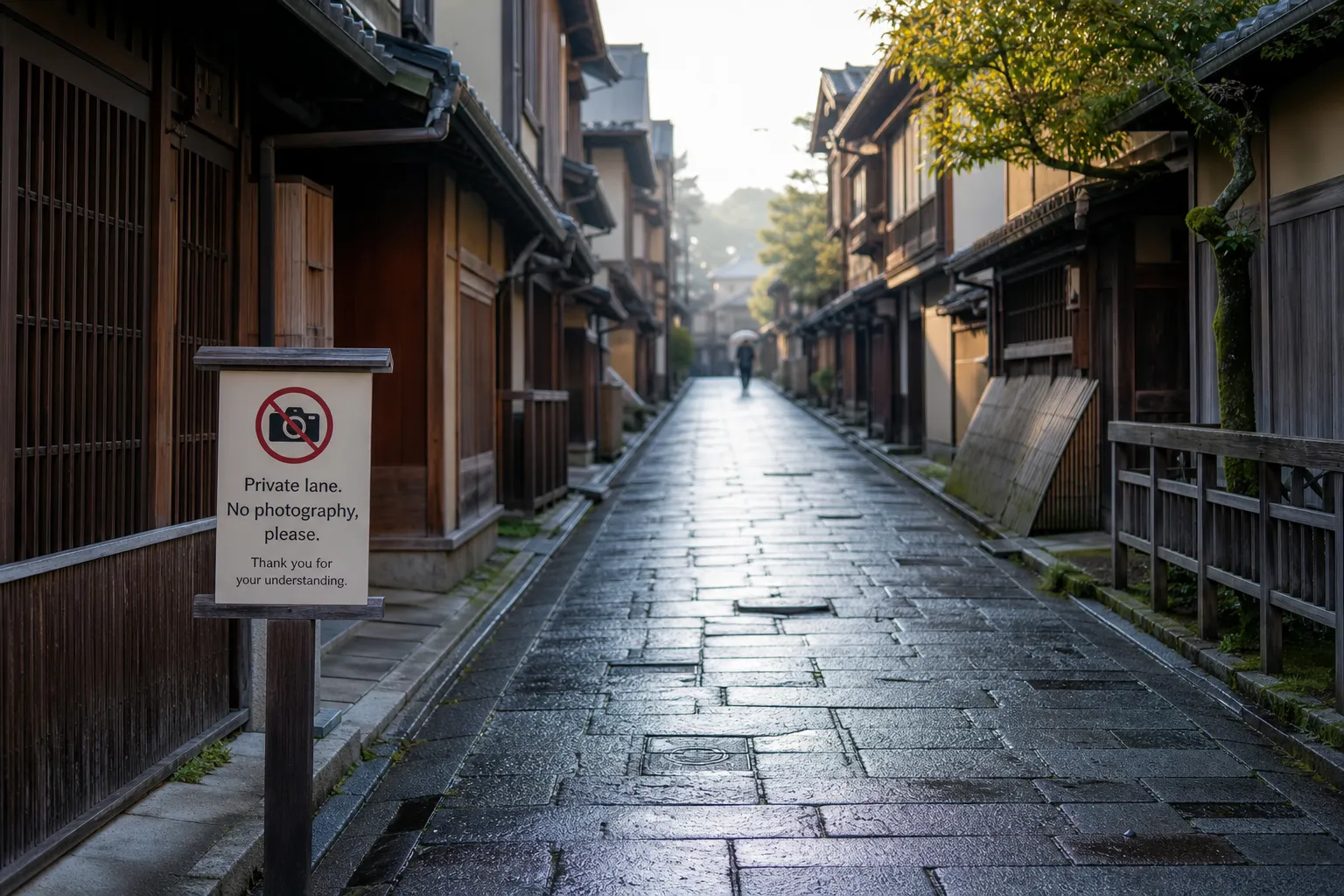 Quiet Kyoto lane in Gion with signage indicating rules and restricted areas