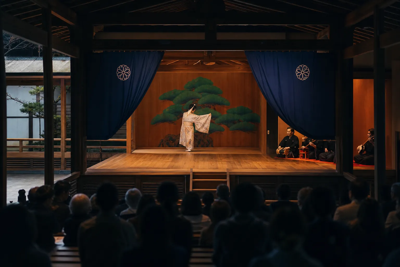 Audience watching a traditional odori dance performance in a Kyoto theater