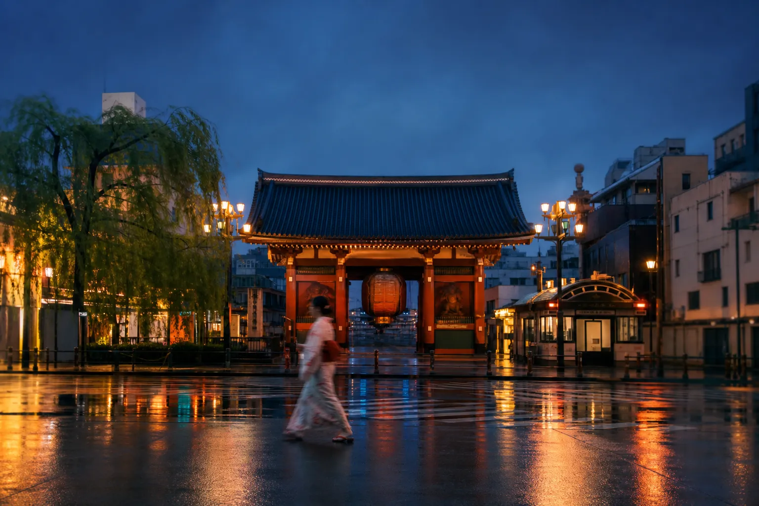 Traditional geisha silhouette in Asakusa with modern Tokyo lights at dusk