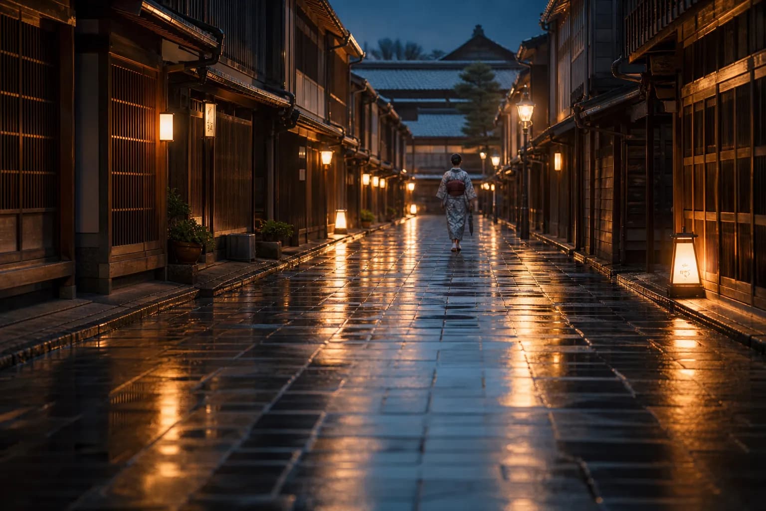 Quiet Kanazawa street with lanterns and a kimono-clad figure in the distance
