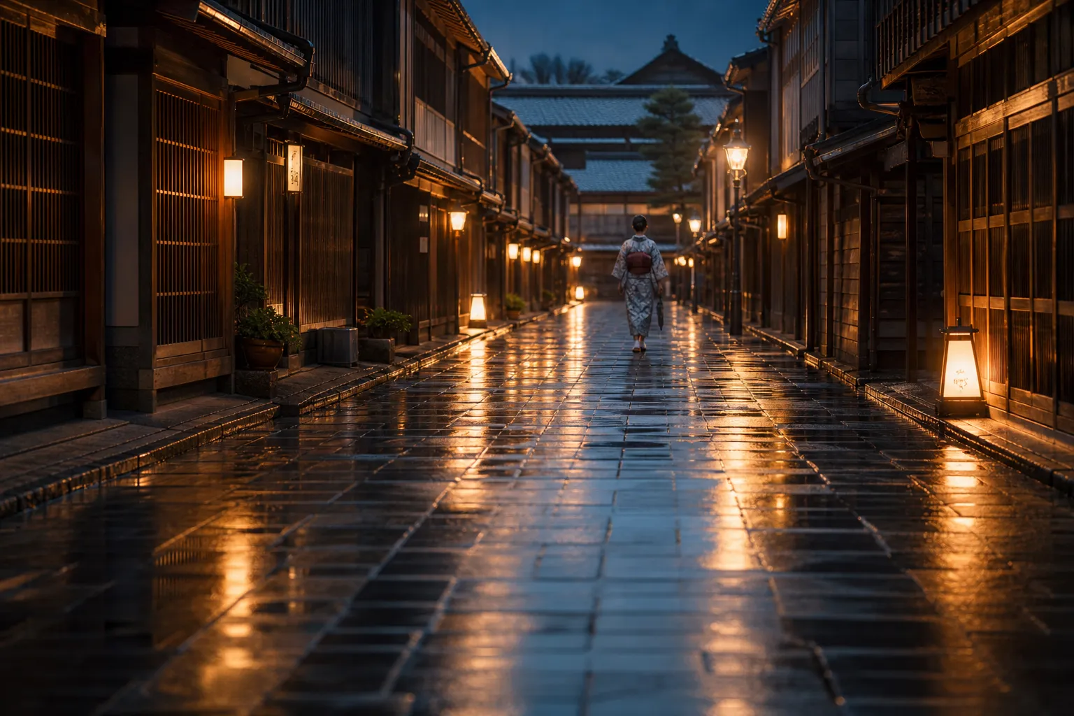 Quiet Kanazawa street with lanterns and a kimono-clad figure in the distance