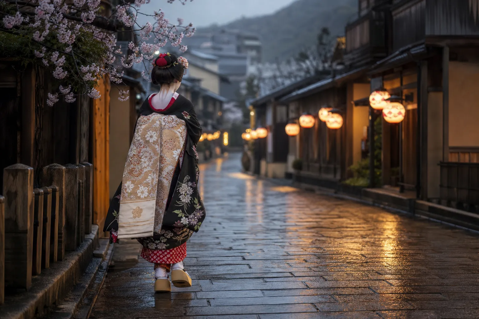 A maiko in white makeup and layered kimono walking purposefully through a lantern-lit stone lane in Southern Gion, Kyoto, at dusk, moving between appointments