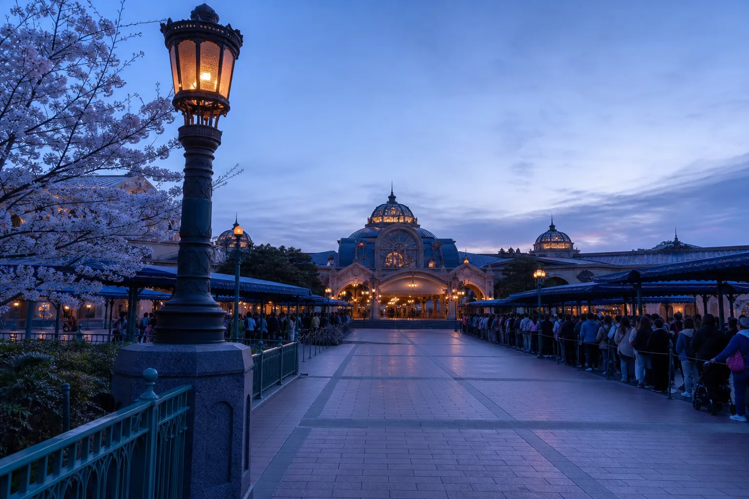 Guests waiting at Tokyo DisneySea entrance gates at sunrise in Maihama, Urayasu