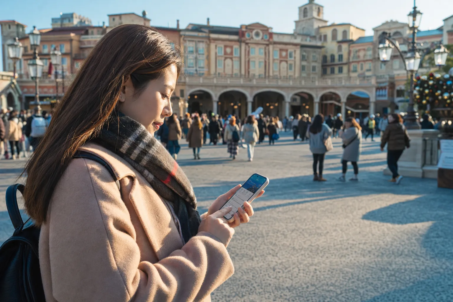 Guest using a smartphone just after entering a theme park in the morning