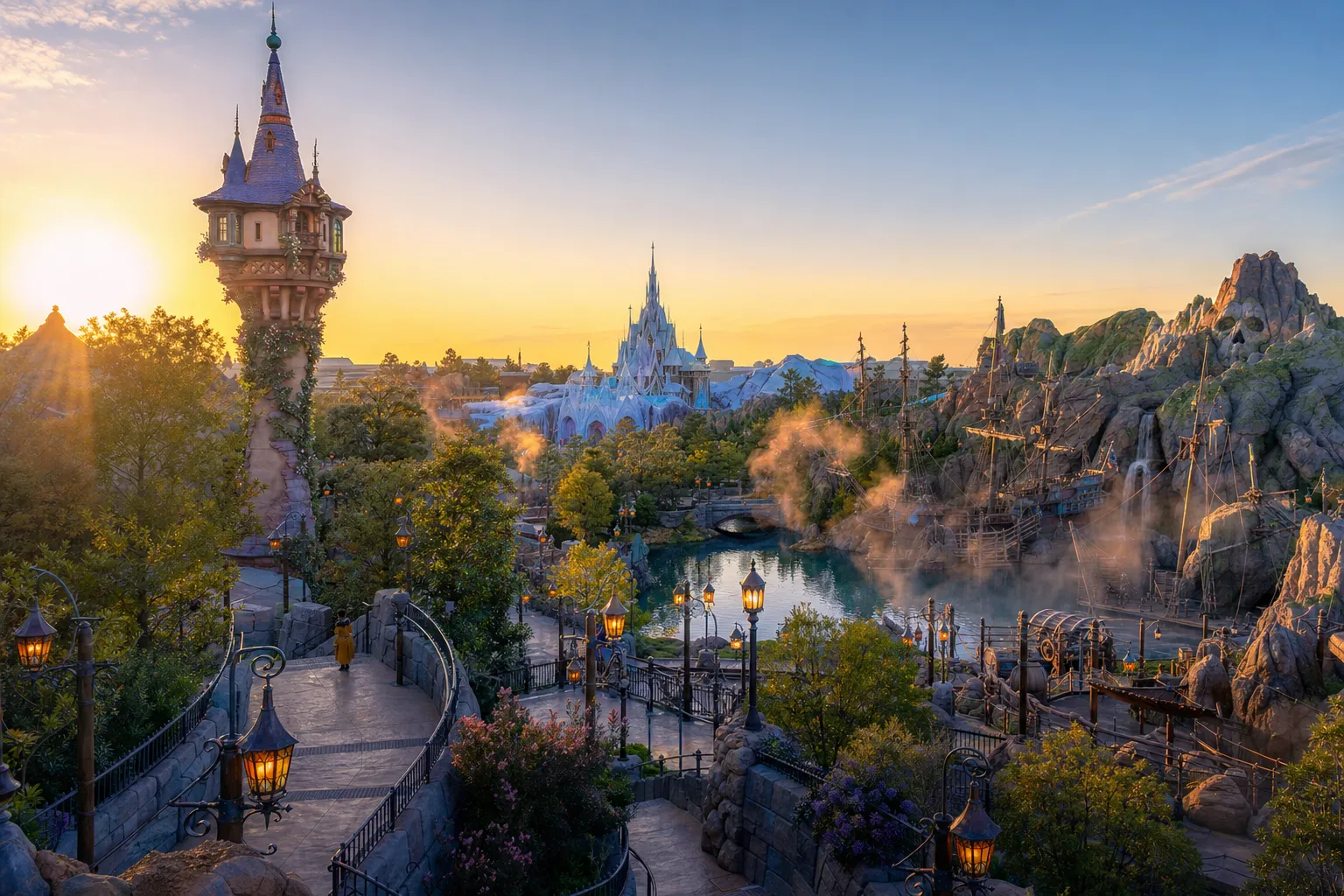 Wide view of Fantasy Springs themed area at Tokyo DisneySea in Urayasu, Chiba