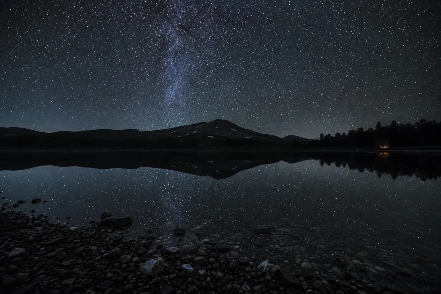 Stars reflected on the calm surface of Lake Shikaribetsu in Hokkaido at night