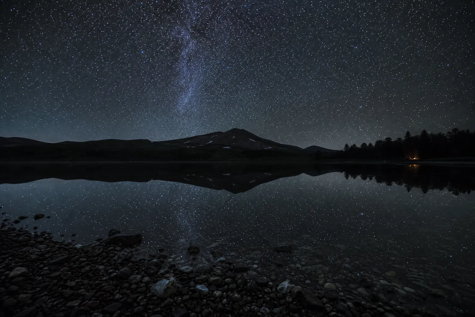 Stars reflected on the calm surface of Lake Shikaribetsu in Hokkaido at night