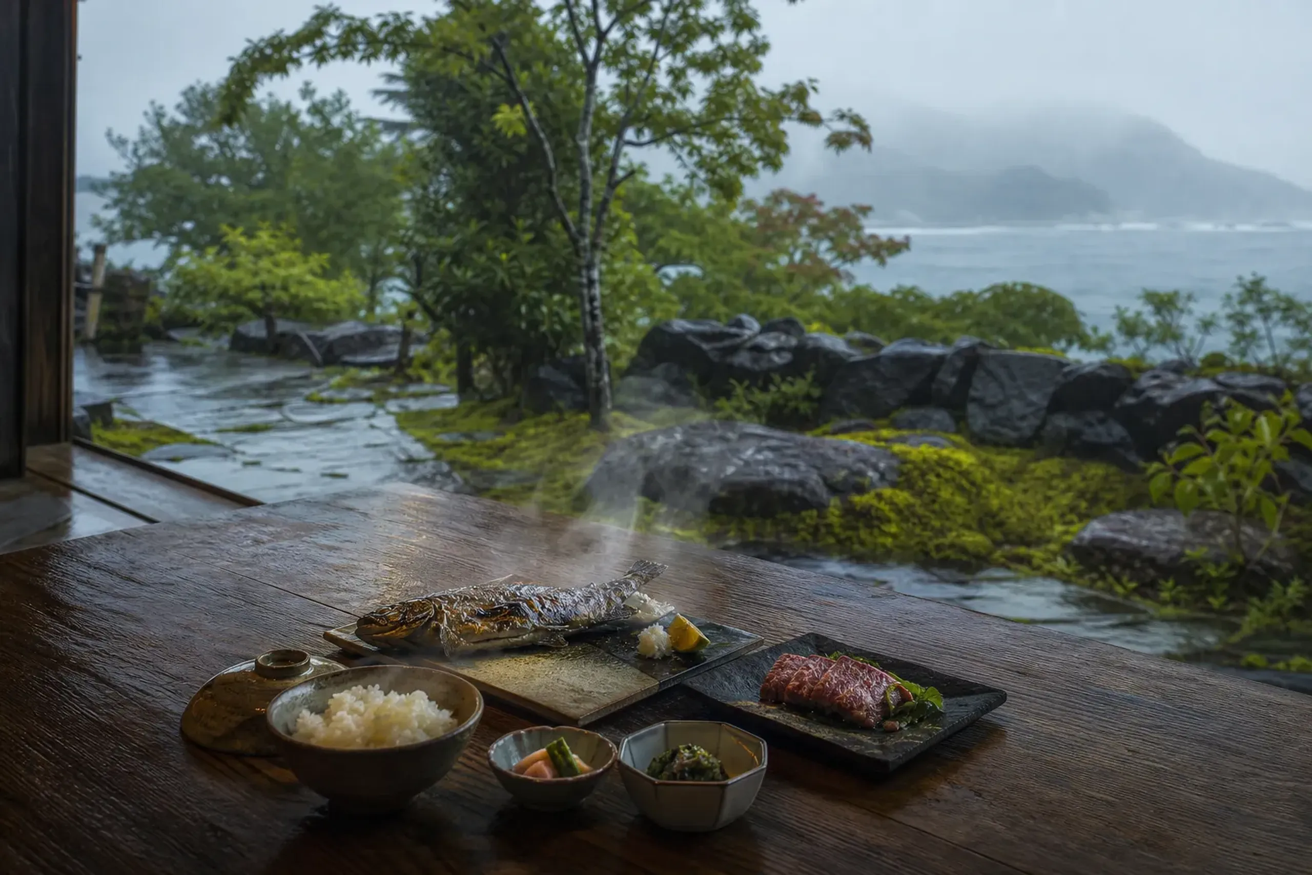 Japanese meal with grilled fish, small side dishes, rice, and a plated serving of wagyu on a simple wooden table