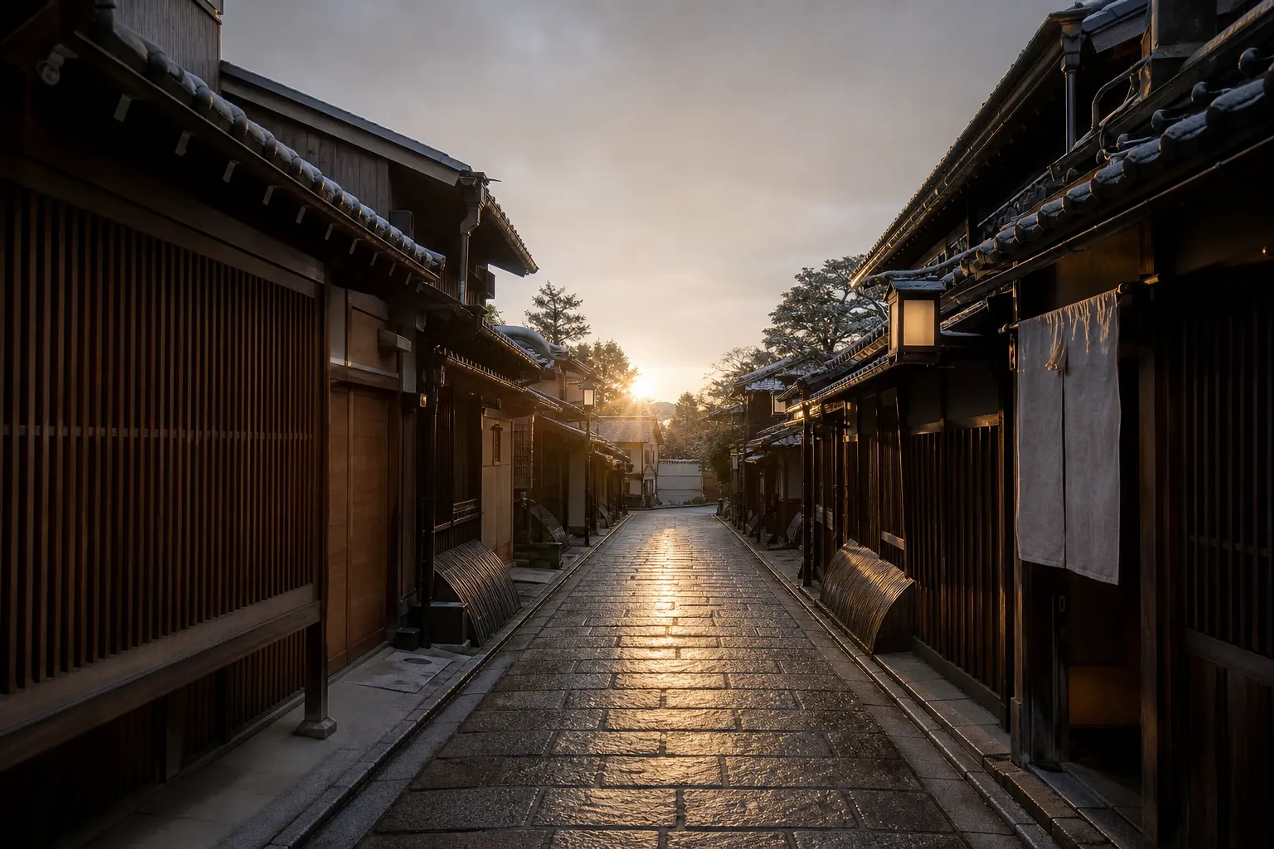 A quiet Kyoto street with traditional houses and soft morning light