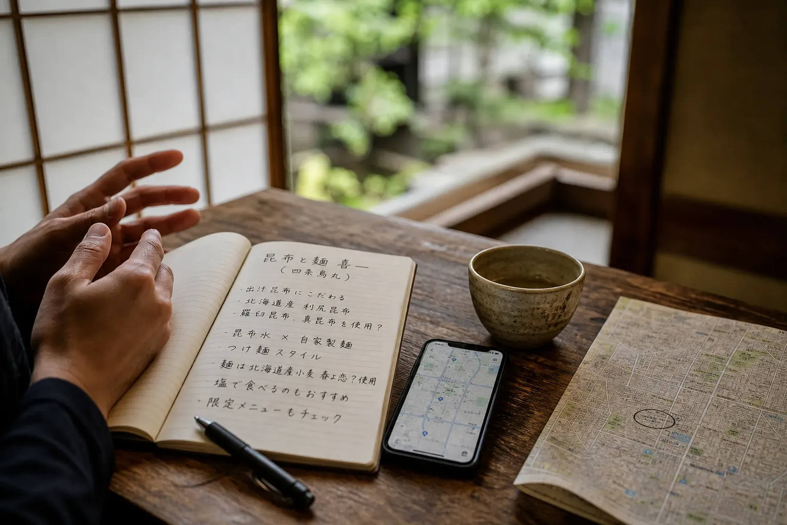 A traveler planning a Kyoto lunch reservation with a phone and notebook