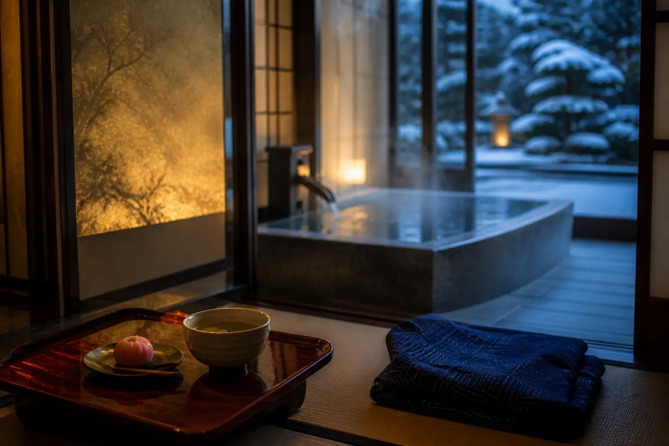 One of the second-floor private replica imperial bathing rooms at Asuka-no-Yu in Dōgo, with washi walls, screens, gold leaf and a stone bath, and its adjoining relaxation room set with yukata, tea and
