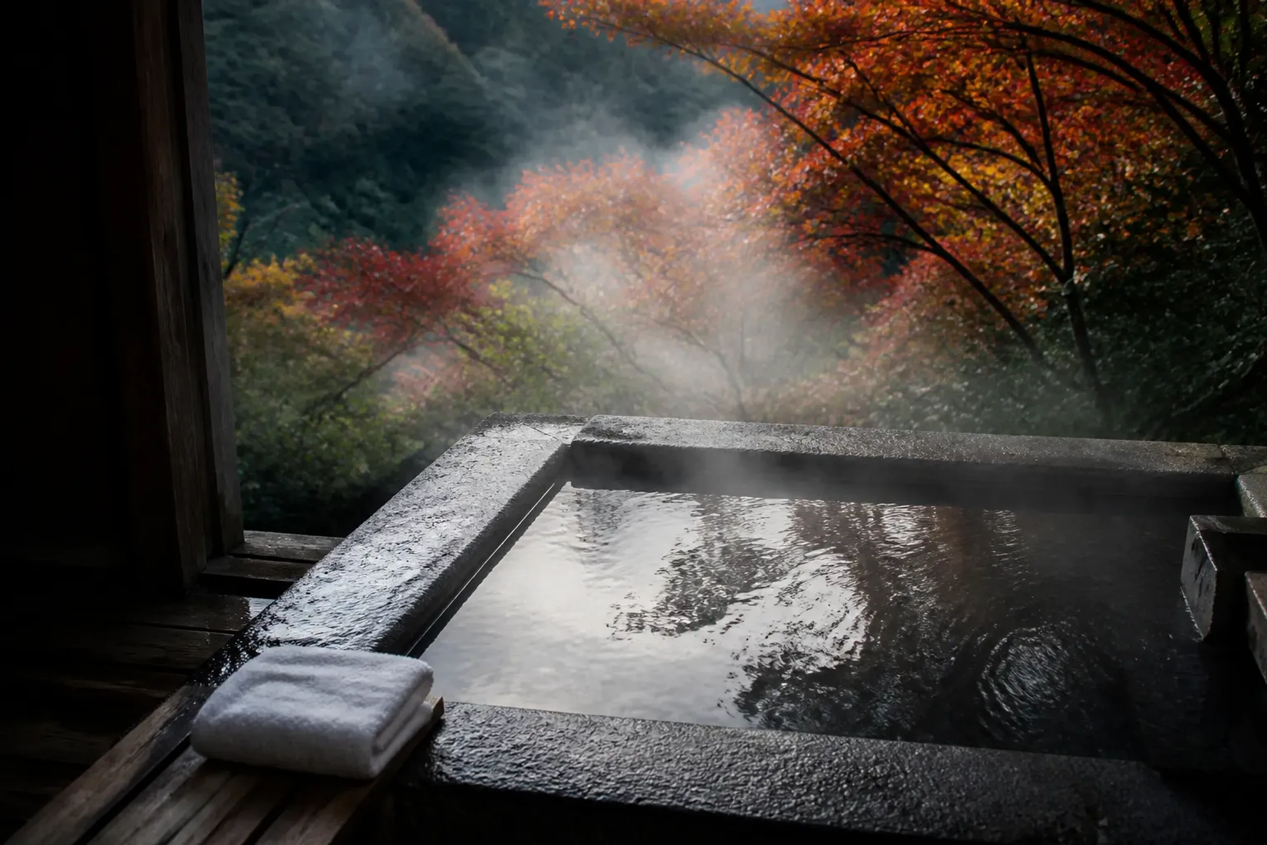 A ryokan in the hills inland from Dōgo with a private open-air bath attached to its rooms, the water empty and steaming among the surrounding greenery