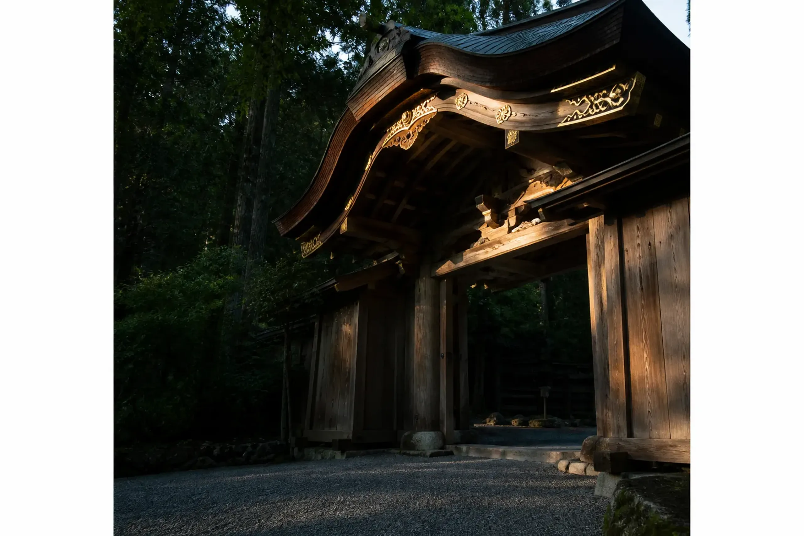 The dedicated gate and entrance of the Yūshinden imperial wing at Dōgo Onsen, its selected shrine-grade timbers and decorated joinery framing the private approach