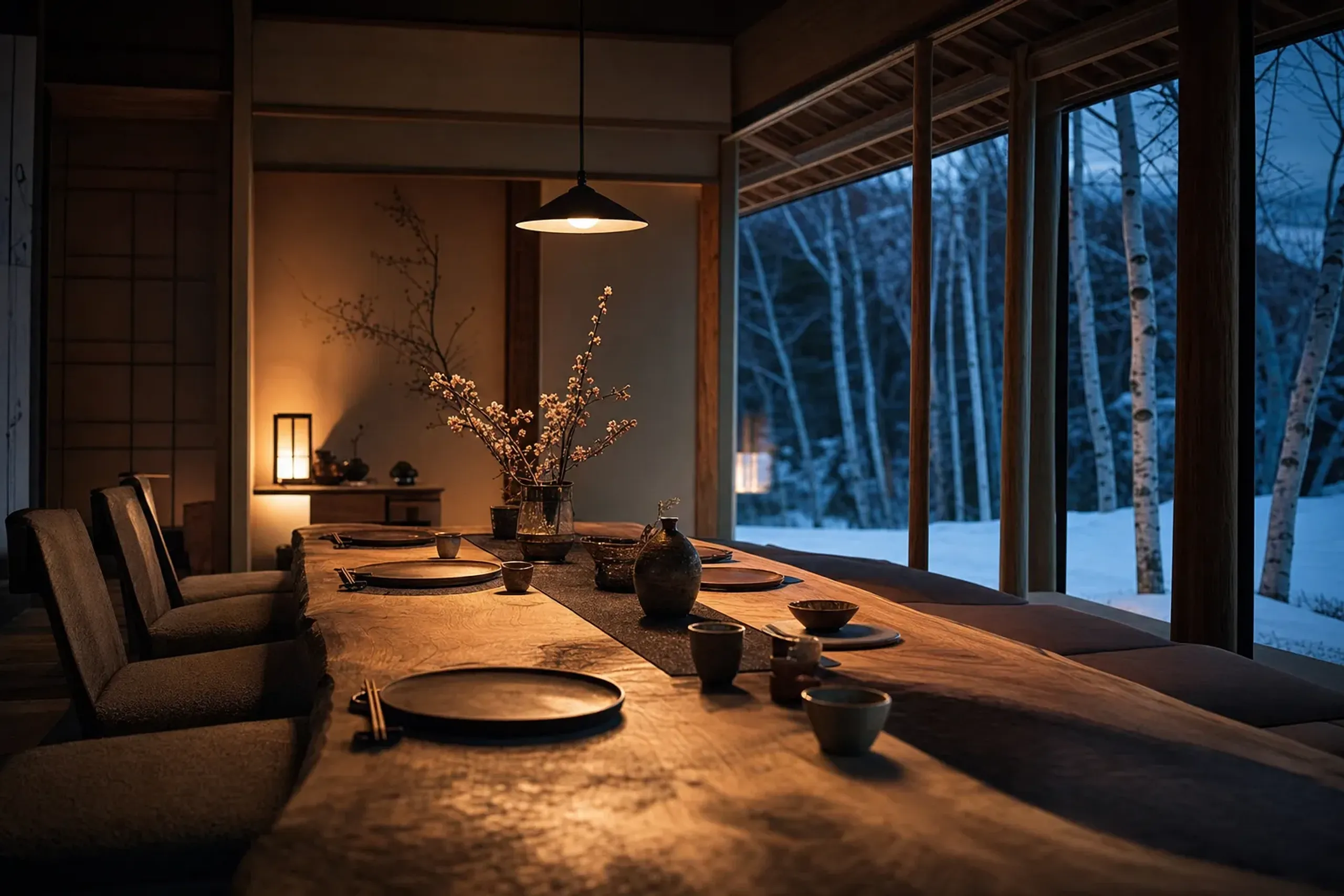 Interior of a private staffed ski chalet in Niseko with large windows facing snow-covered forest
