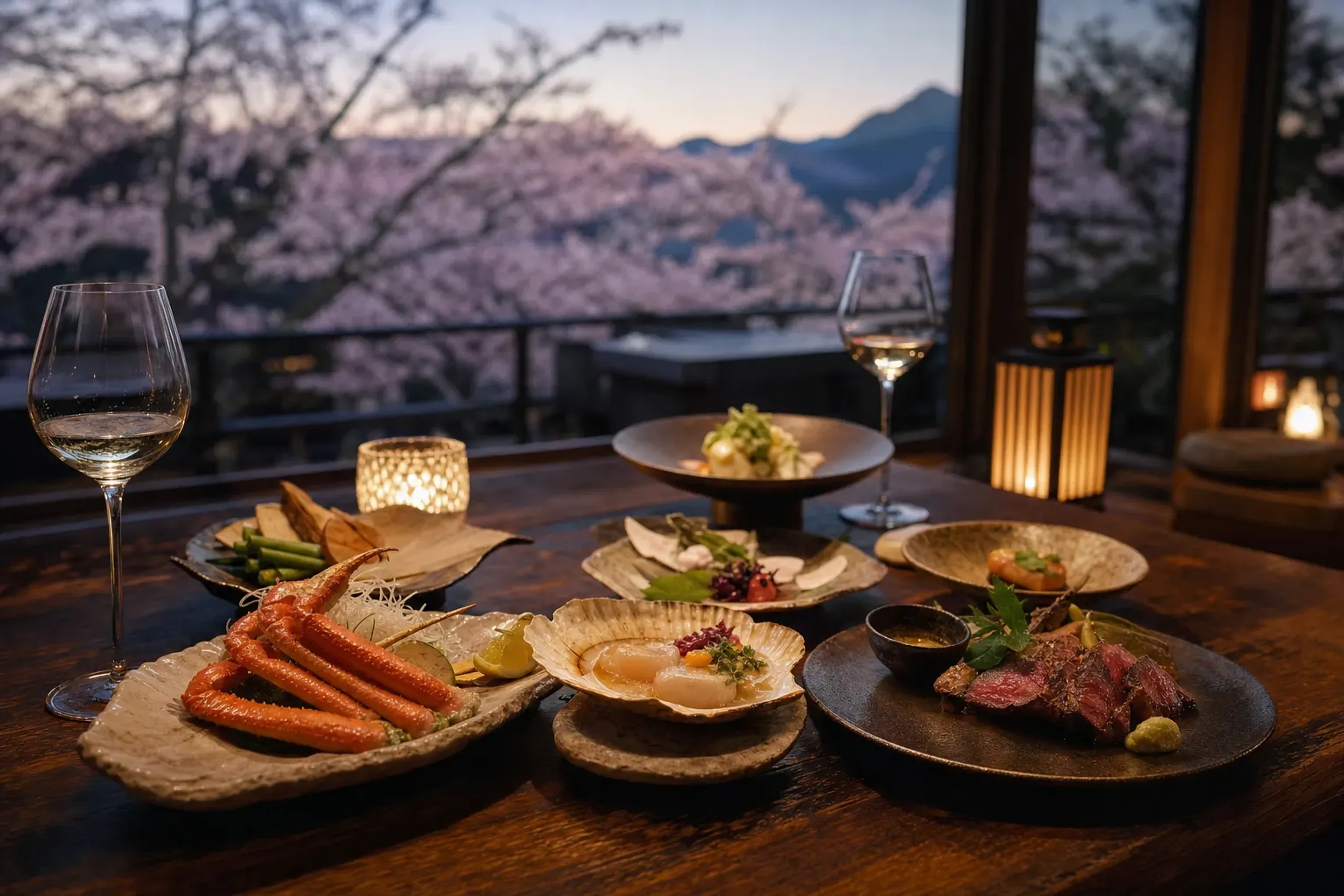 A multi-course kaiseki-influenced dinner plated with Hokkaido snow crab, scallops, and Yezo sika venison on a private chalet dining table