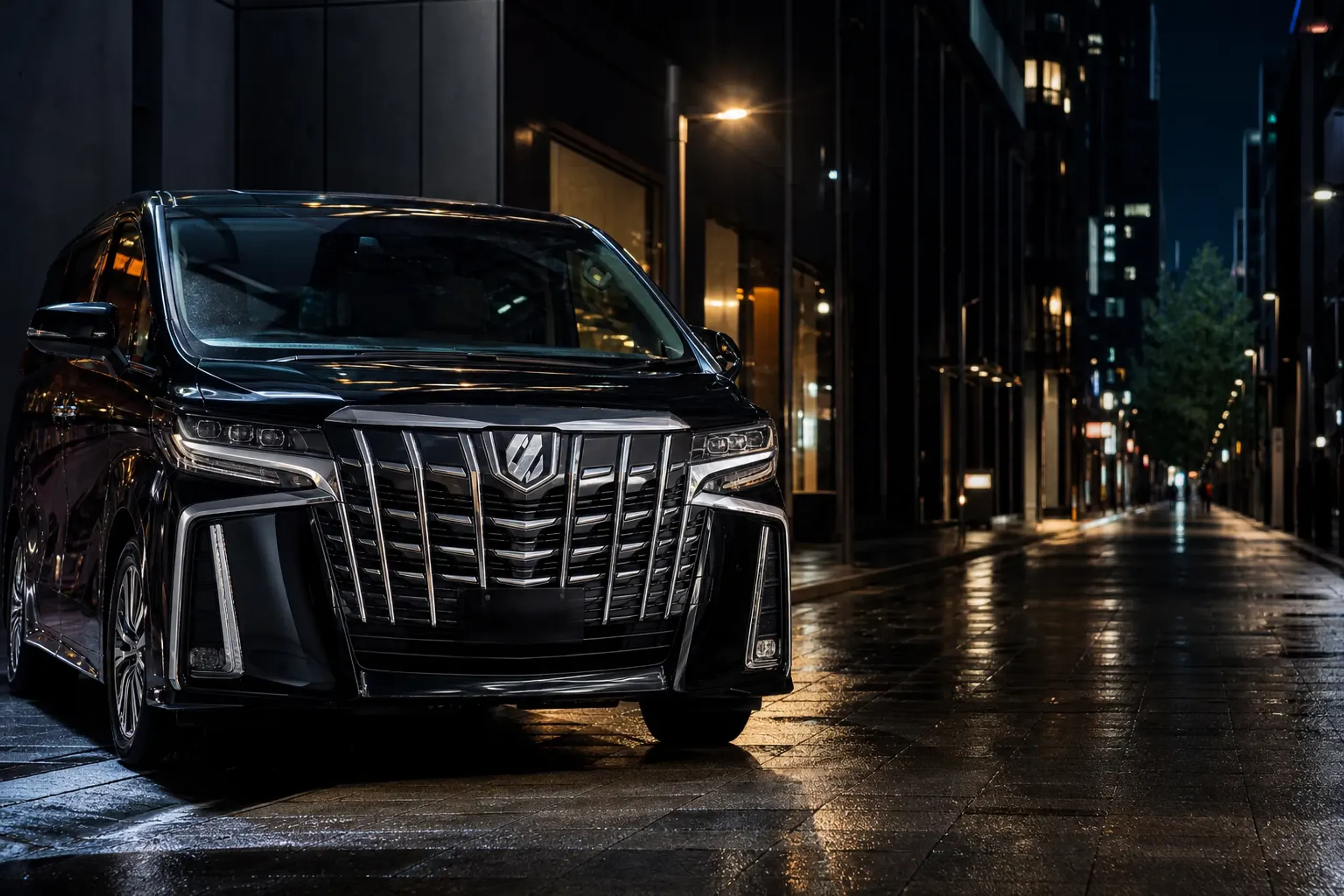 The polished front grille and badge-forward exterior of a black Toyota Alphard gleaming under Tokyo street light