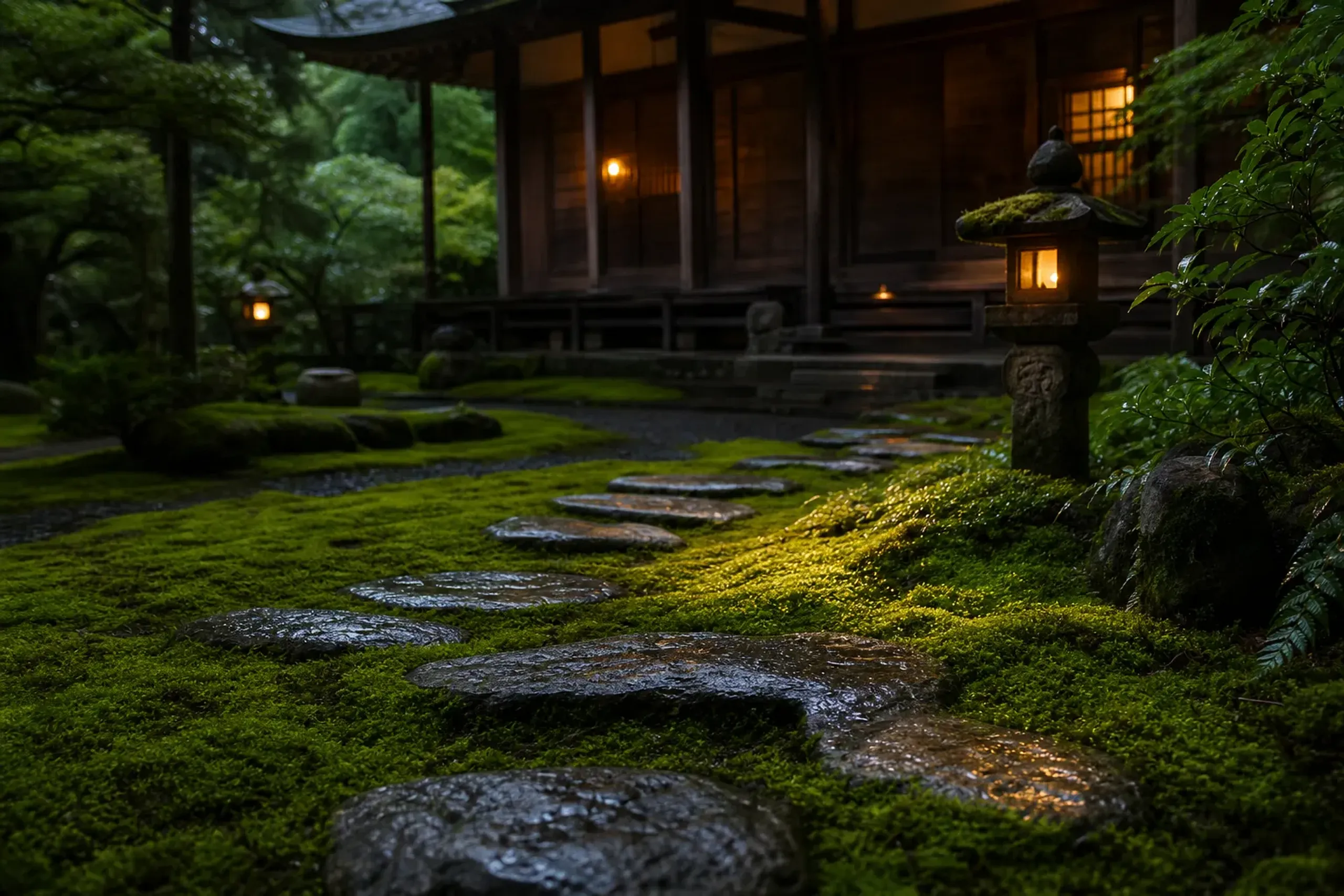 A moss-and-stone temple garden in Kyoto in early morning silence, empty of visitors