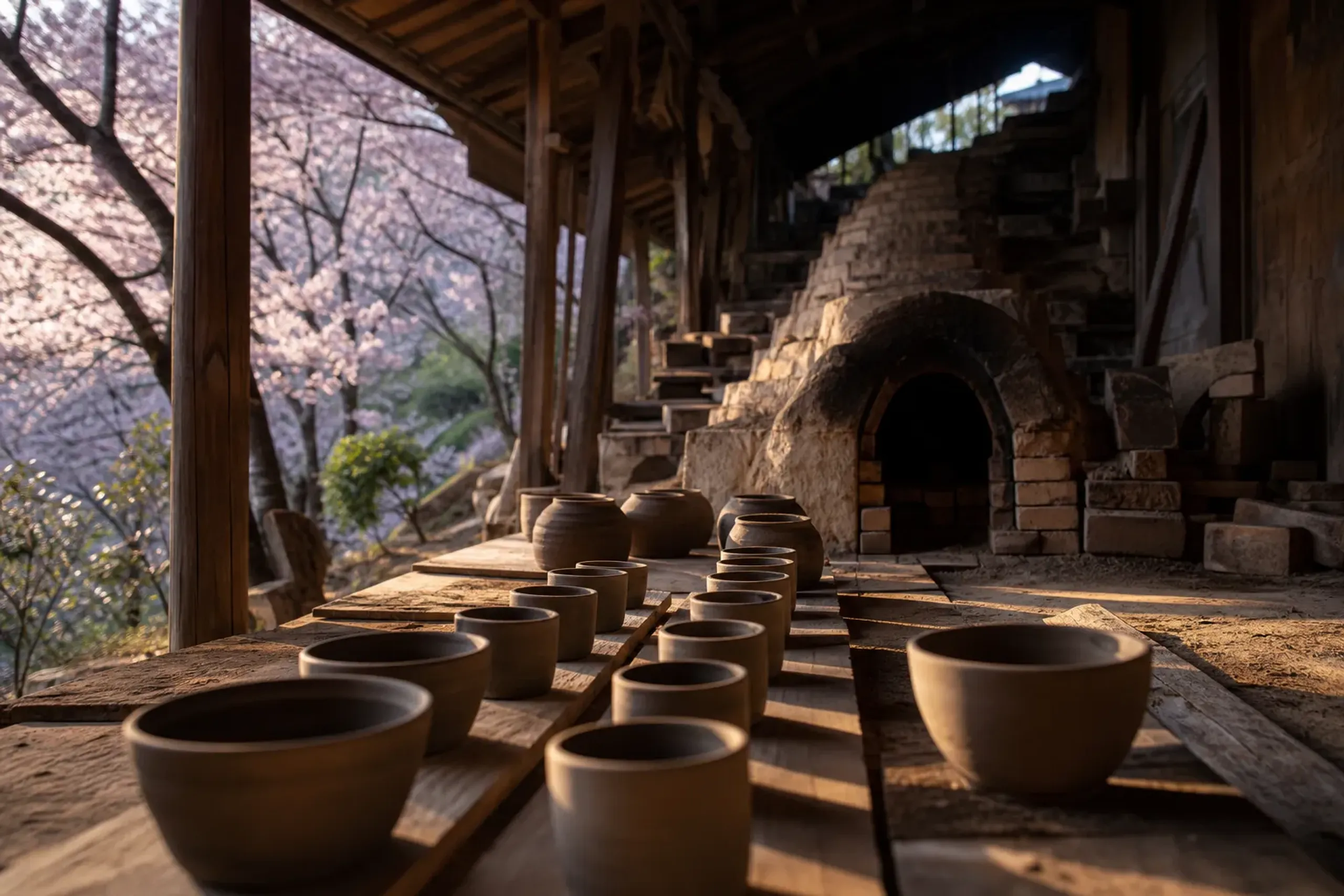 A kiln master's rustic pottery workshop in the hills outside Kyoto, with a wood-fired noborigama climbing kiln and drying ceramic vessels