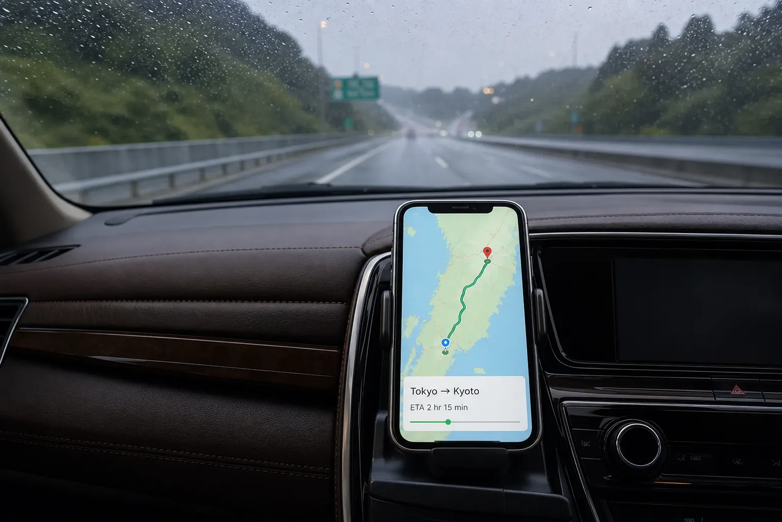 A smartphone screen mounted in a car showing a live map with the Alphard's location and ETA along a Japanese route