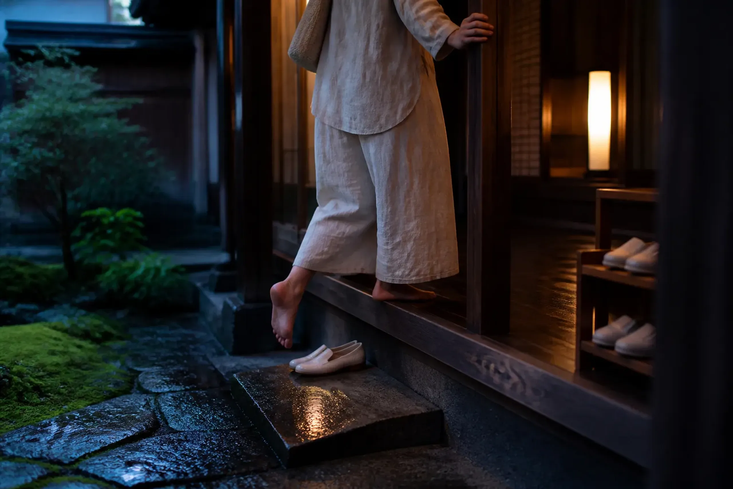 Traveler in neutral clothing removing shoes at a traditional Japanese entrance
