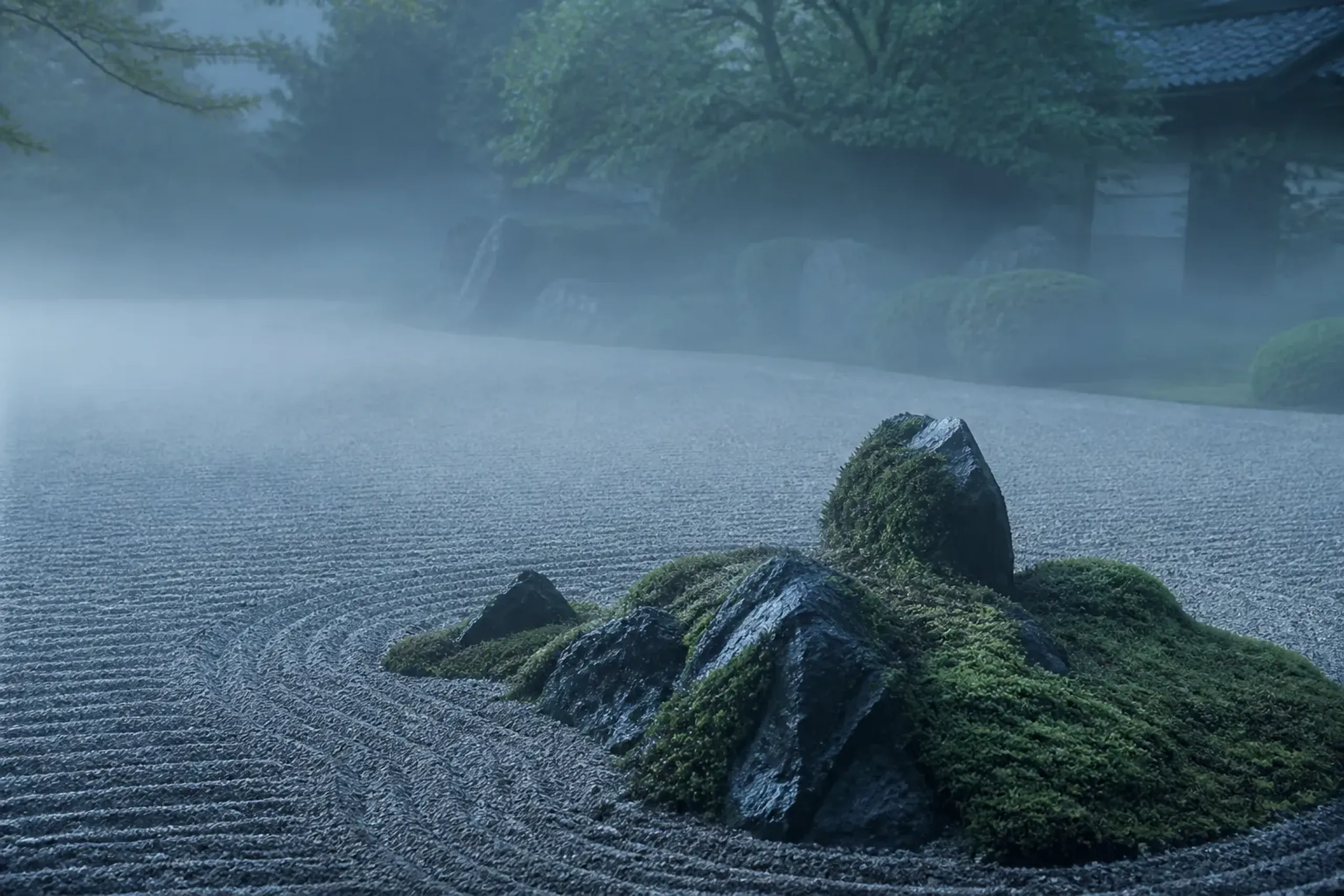 Empty moss garden of a Japanese temple in quiet early morning light
