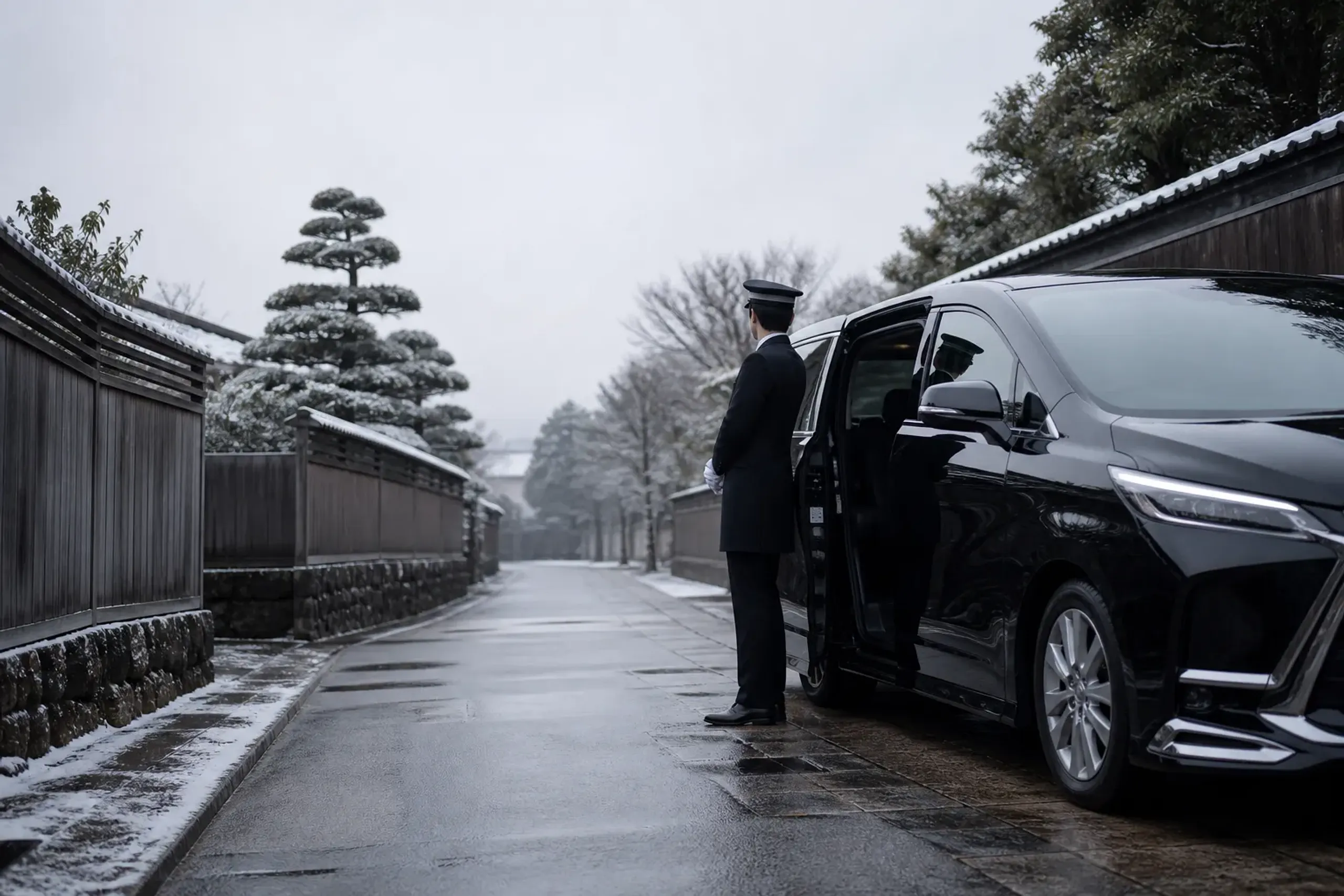 A discreet black executive minivan with a uniformed chauffeur on a quiet Japanese street