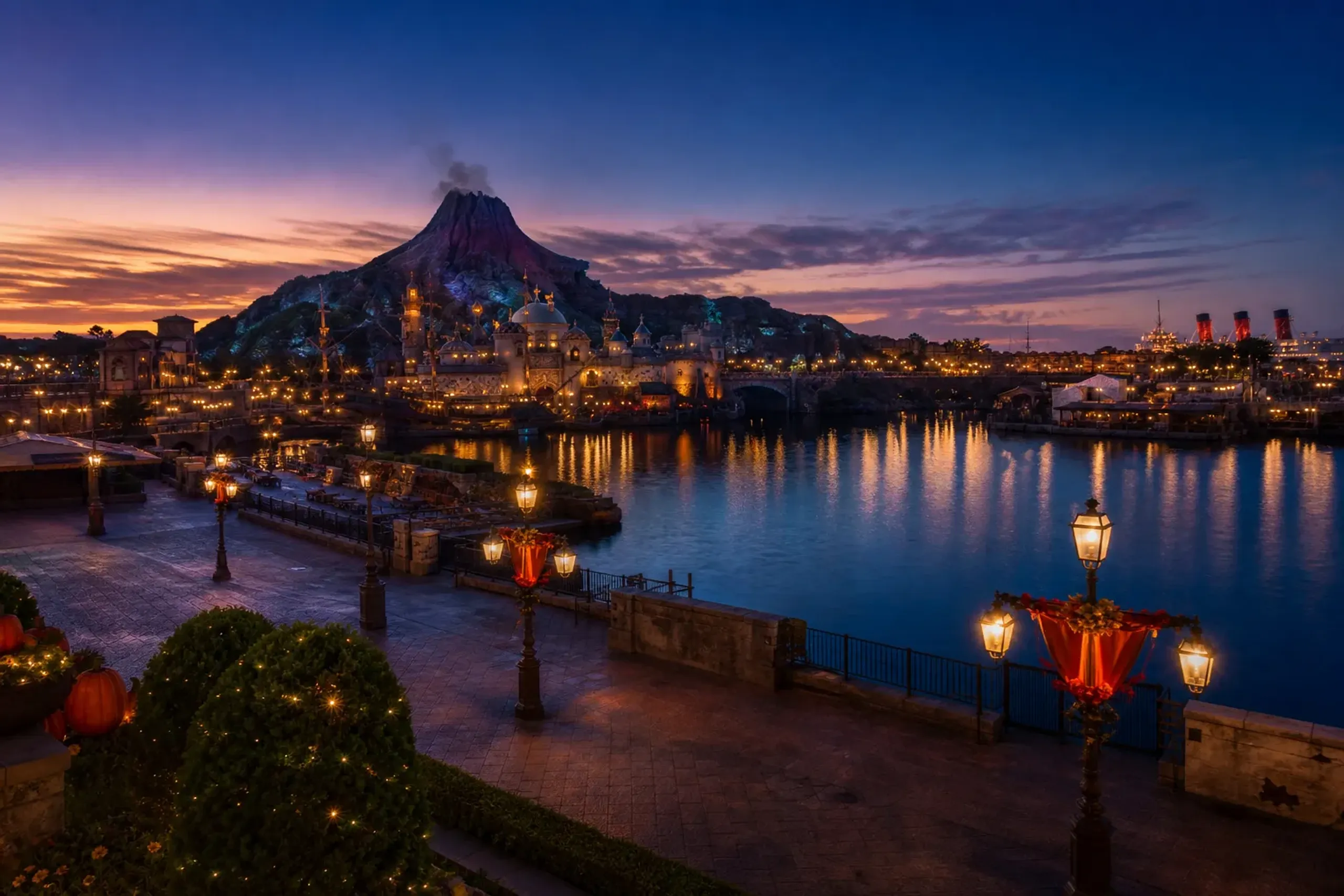 Wide evening view of Tokyo DisneySea's Mediterranean Harbour with calm water and warm autumn lighting