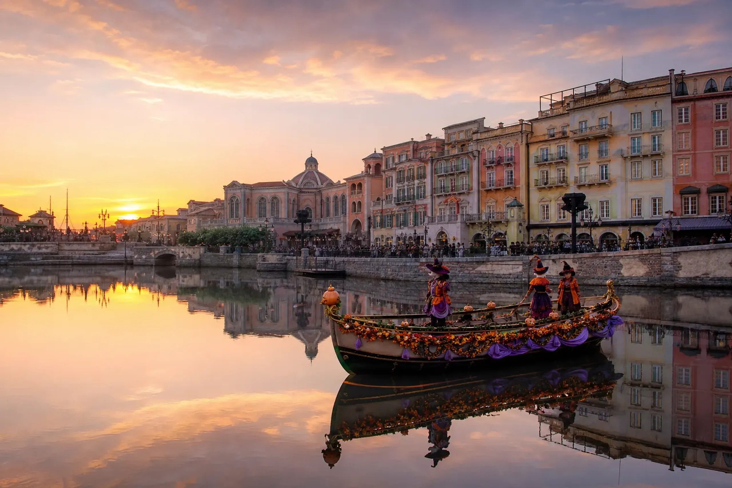 A decorated boat on calm harbour water during a short water greeting show at Tokyo DisneySea