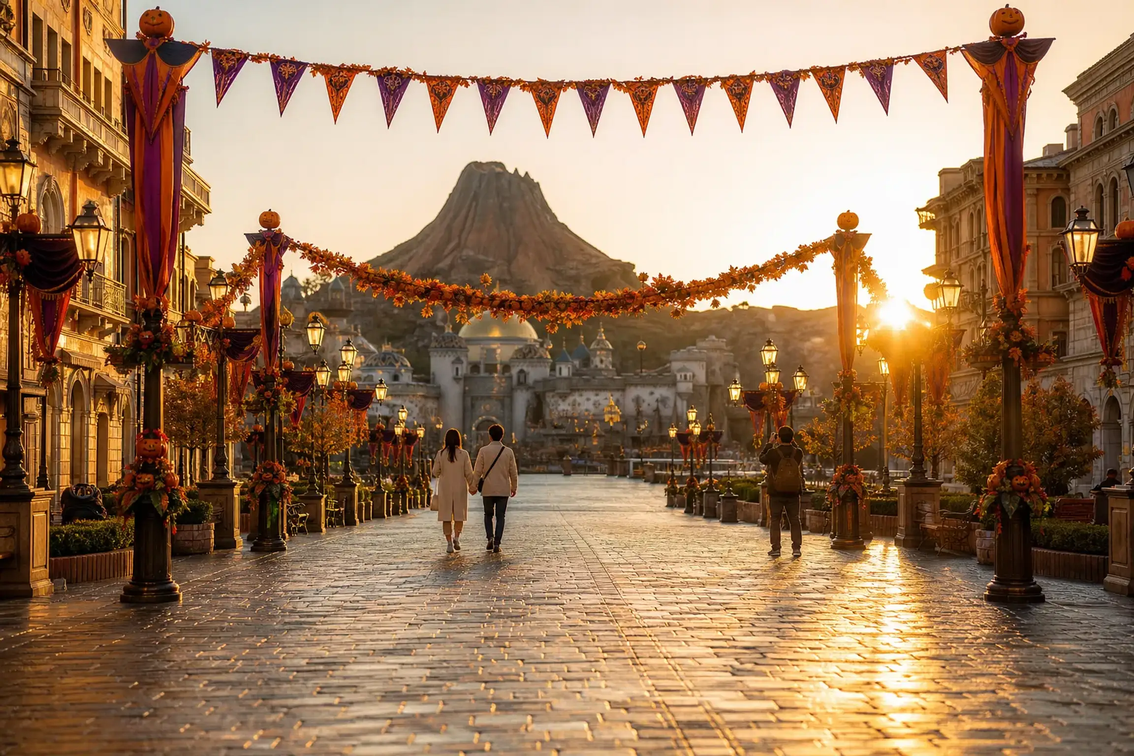 A near-empty theme park promenade in early November with soft late-autumn light and seasonal decorations