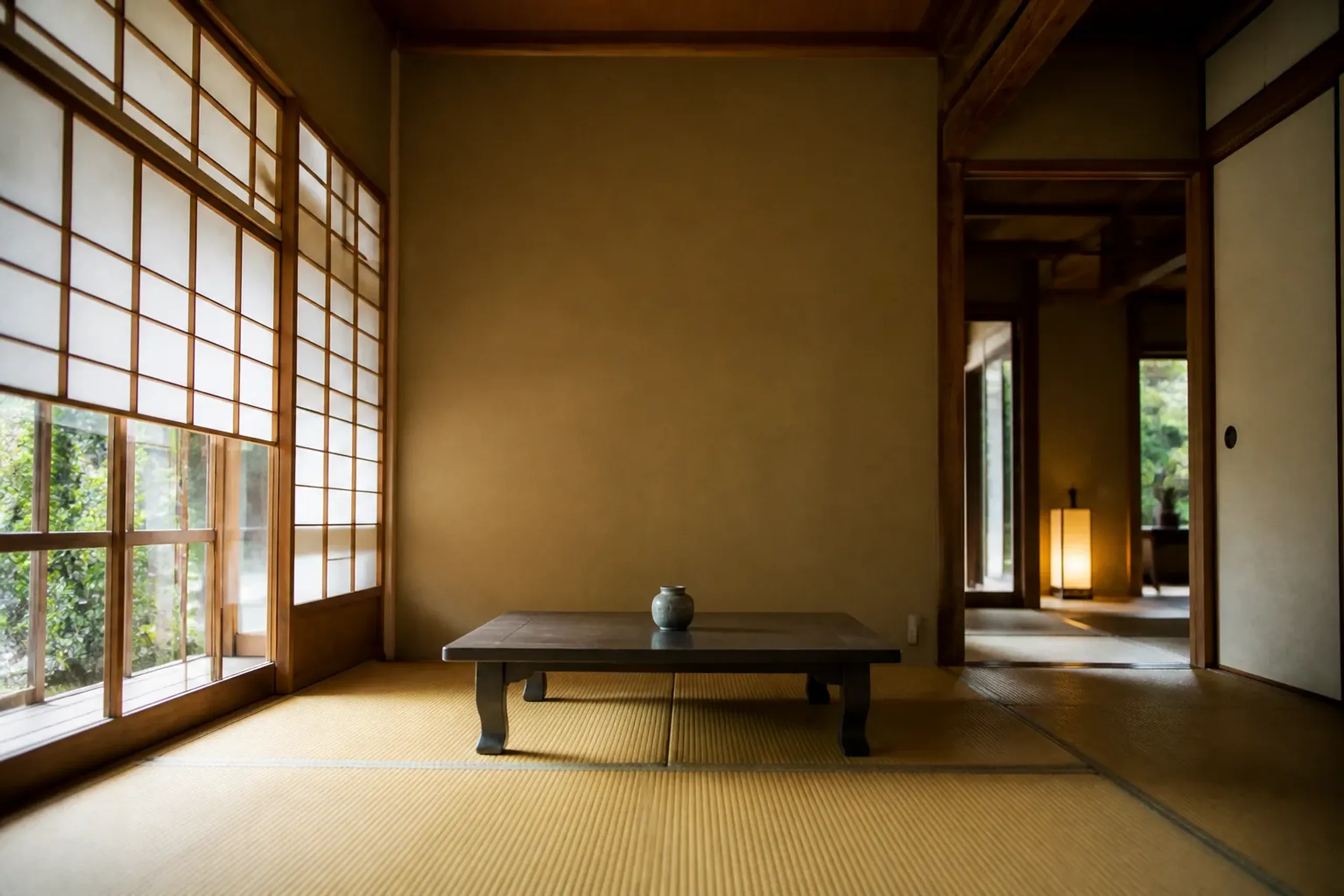 Japanese-style private sitting room with low table and shoji screens