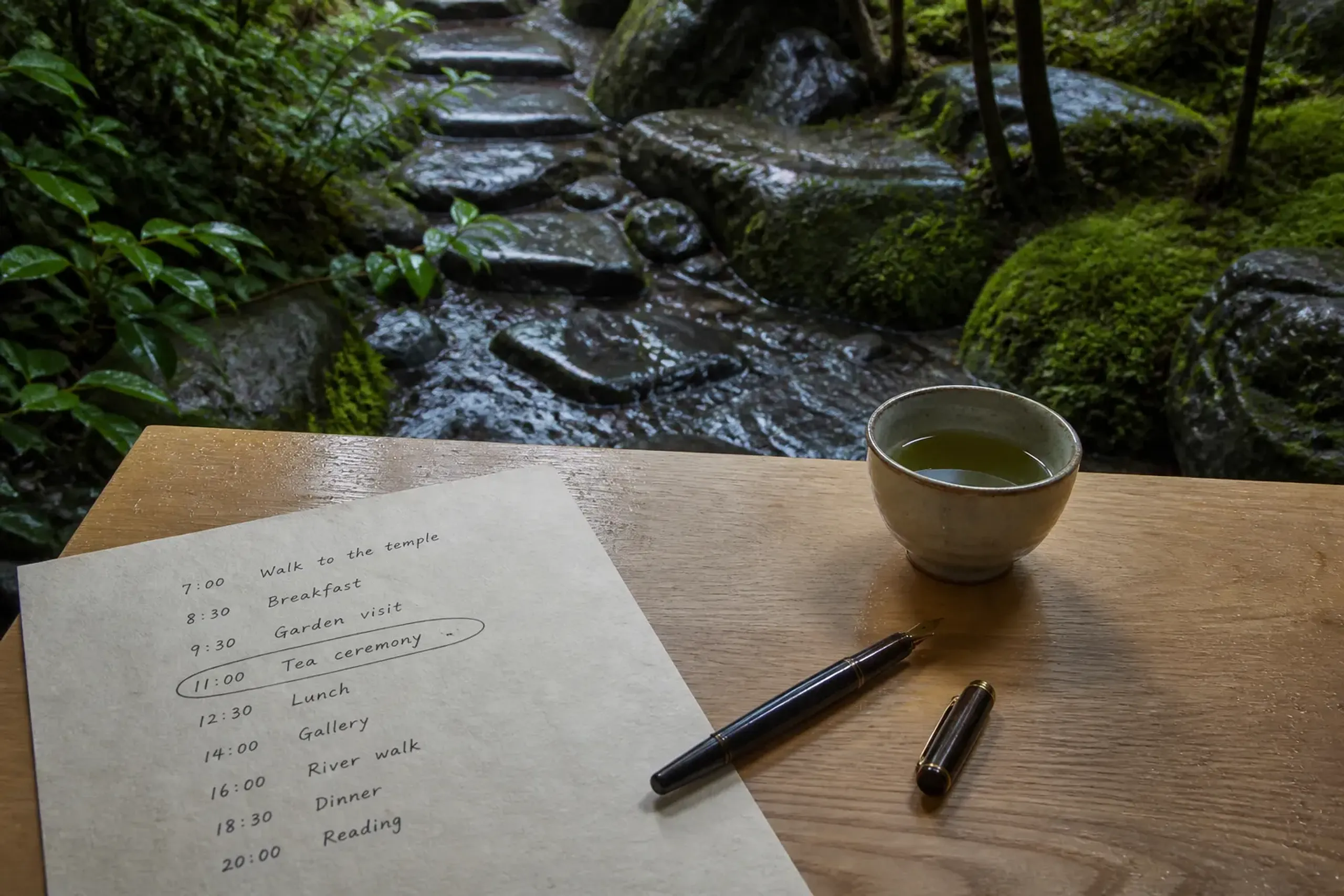 Handwritten daily schedule beside a teacup and pen in morning light