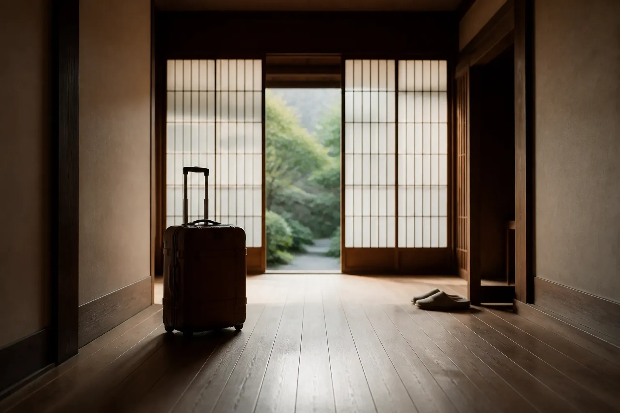 an untouched luxury suitcase standing beside a quiet ryokan doorway with morning light, symbolizing a traveler who has chosen to stay put in one base