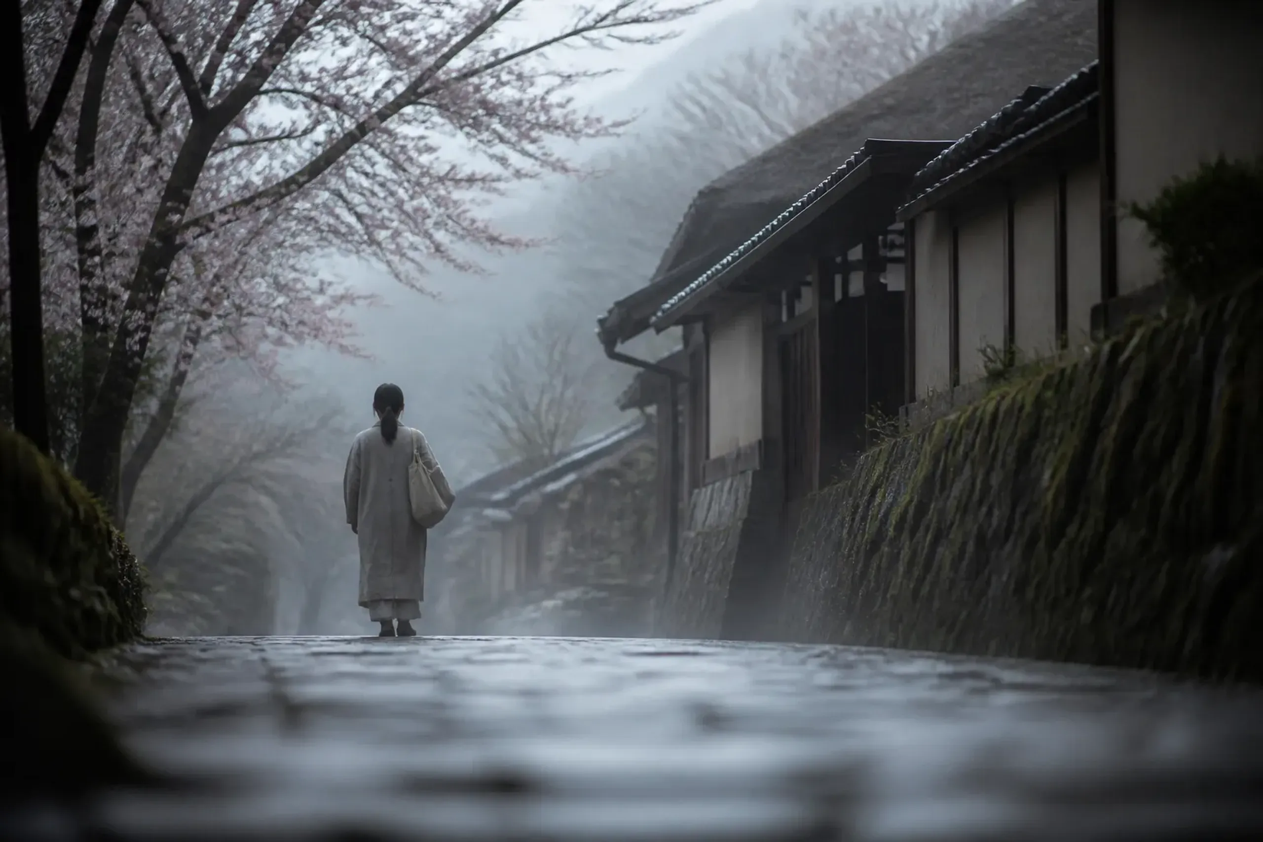 Traveler walking a quiet rural stone lane in Japan in the early morning