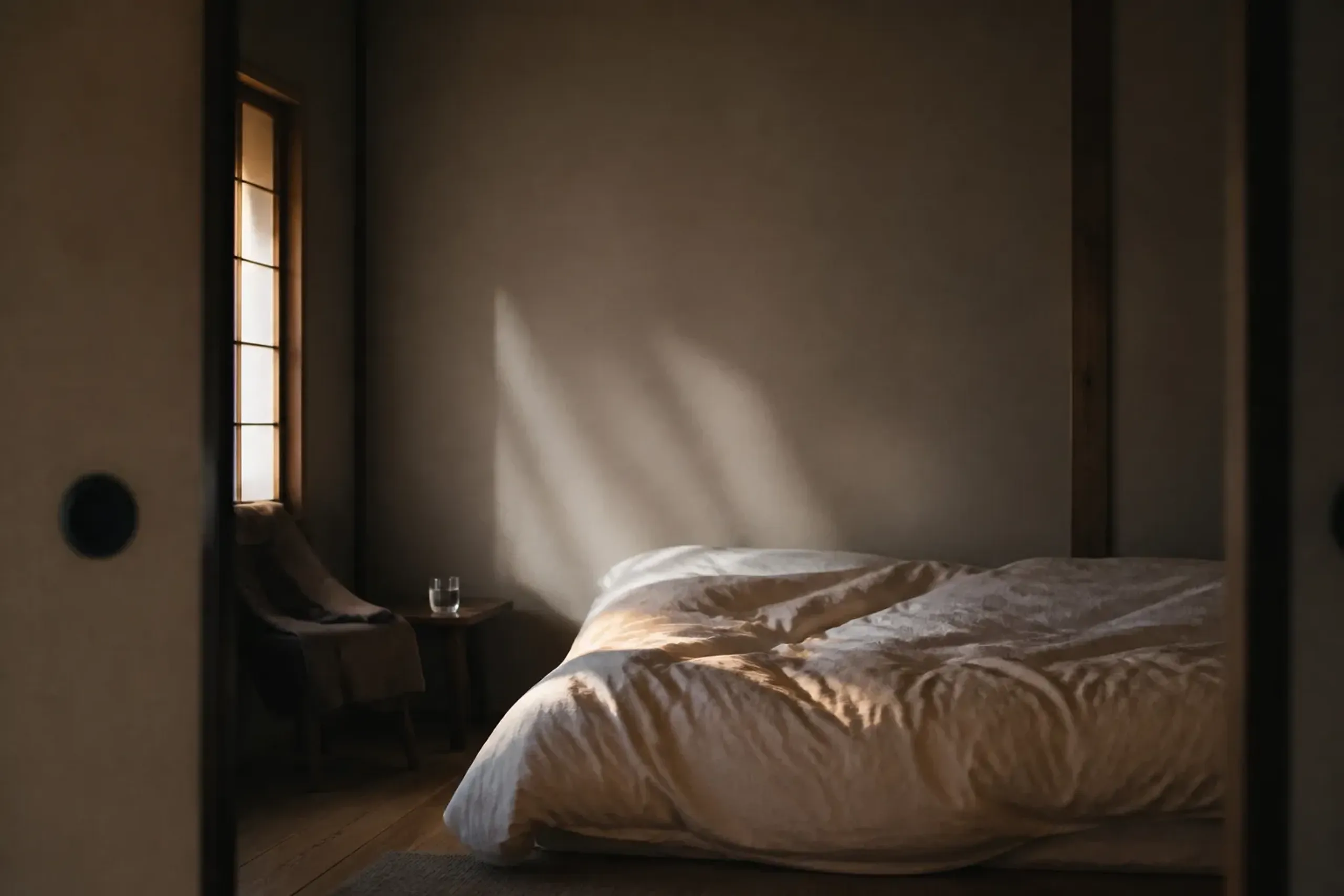 A quiet, dimly lit Tokyo hotel room at dawn with an unmade bed and soft morning light through sheer curtains, evoking a one-night decompression buffer after a long-haul arrival