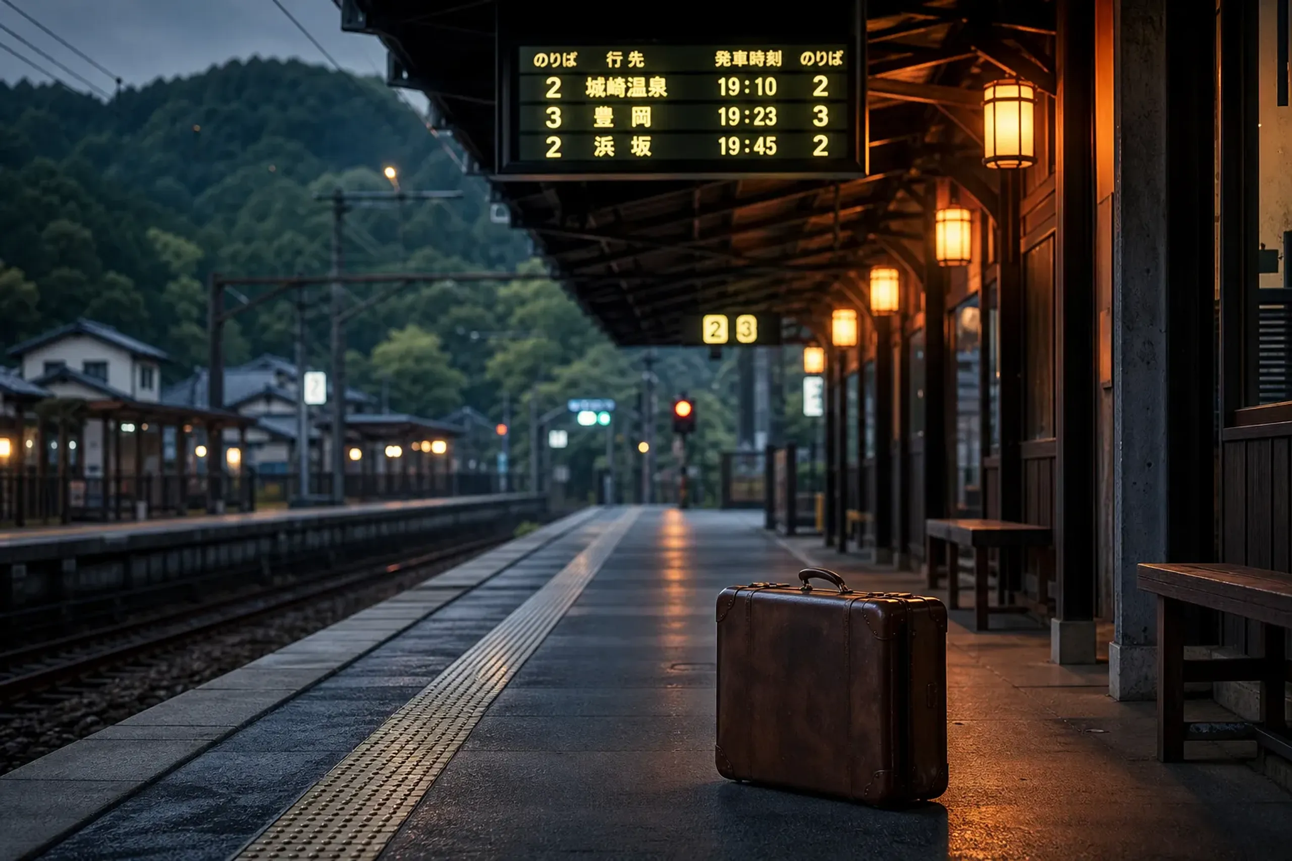 Japanese station platform with departure board and traveler suitcase