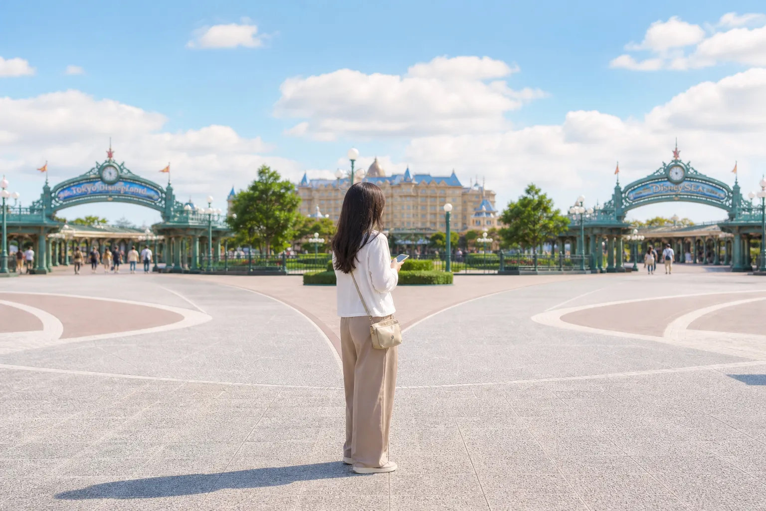 Solo traveler on an open esplanade between Tokyo Disney parks in soft morning light