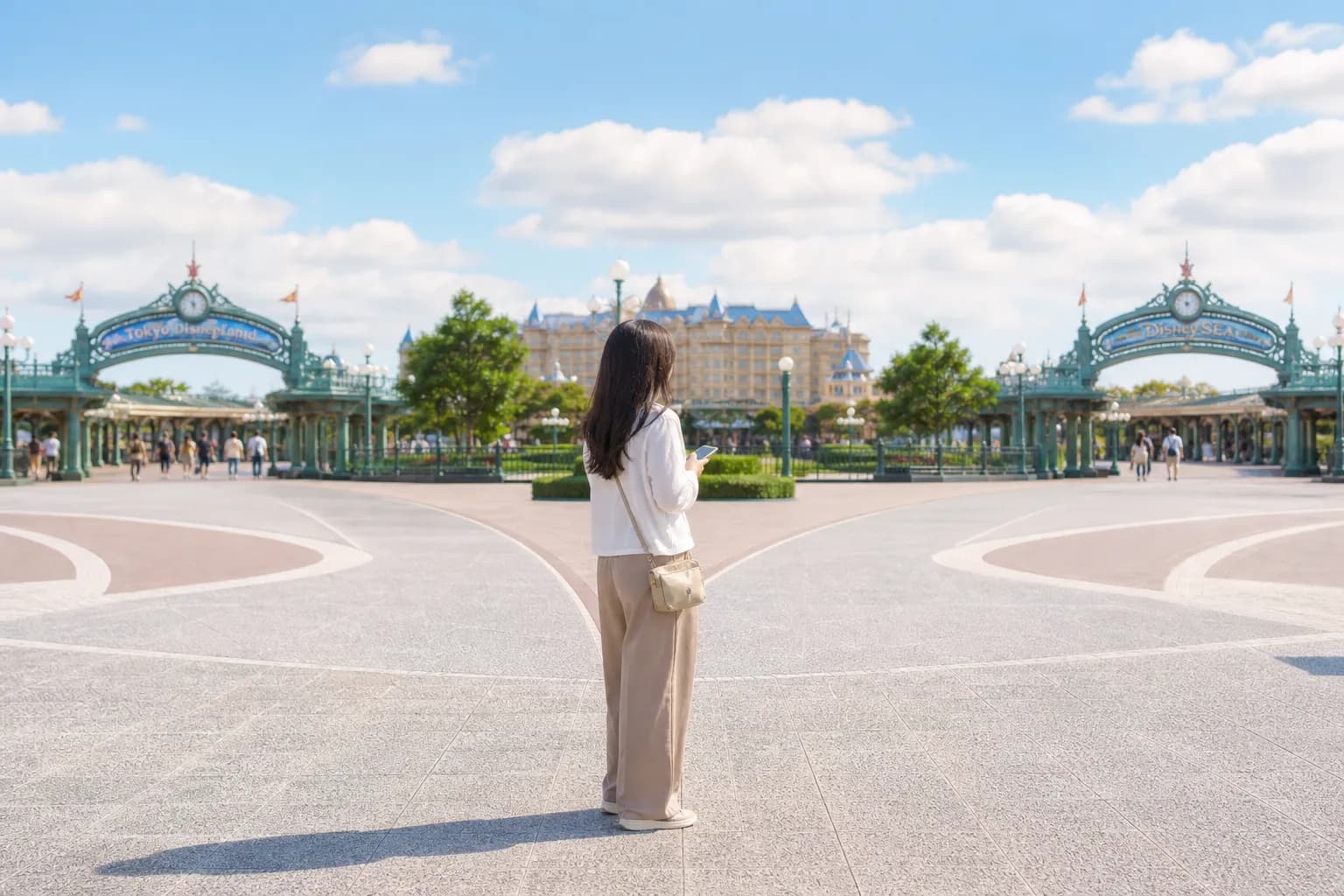 Solo traveler on an open esplanade between Tokyo Disney parks in soft morning light