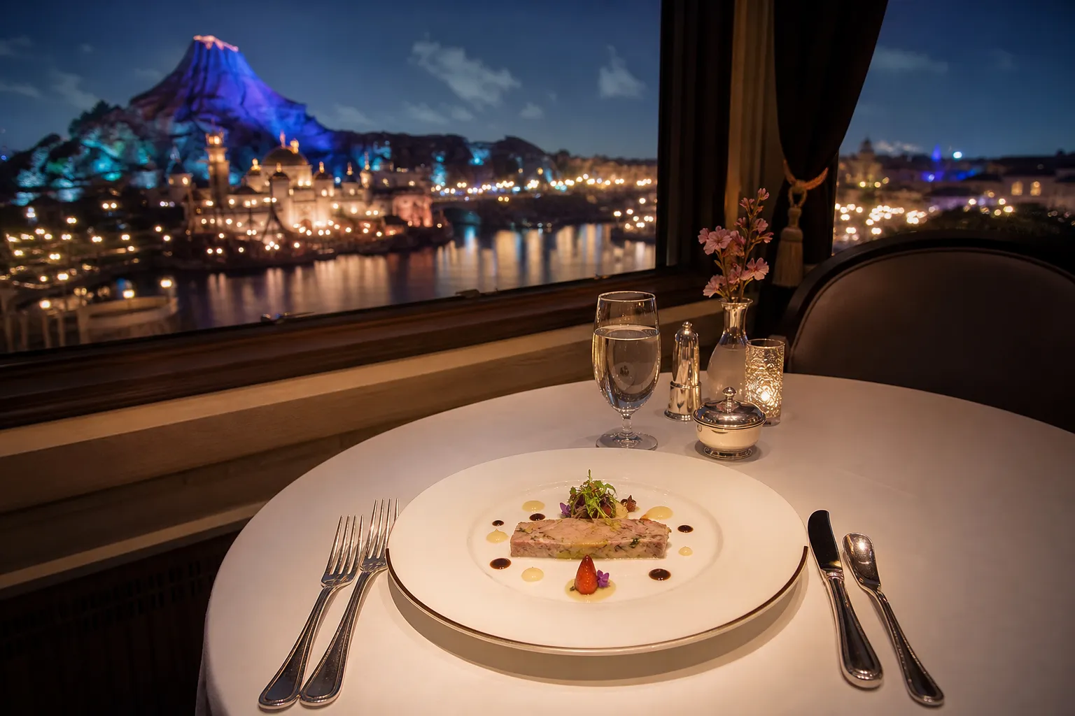 Elegant French fine-dining place setting by a bright window in a quiet upscale restaurant
