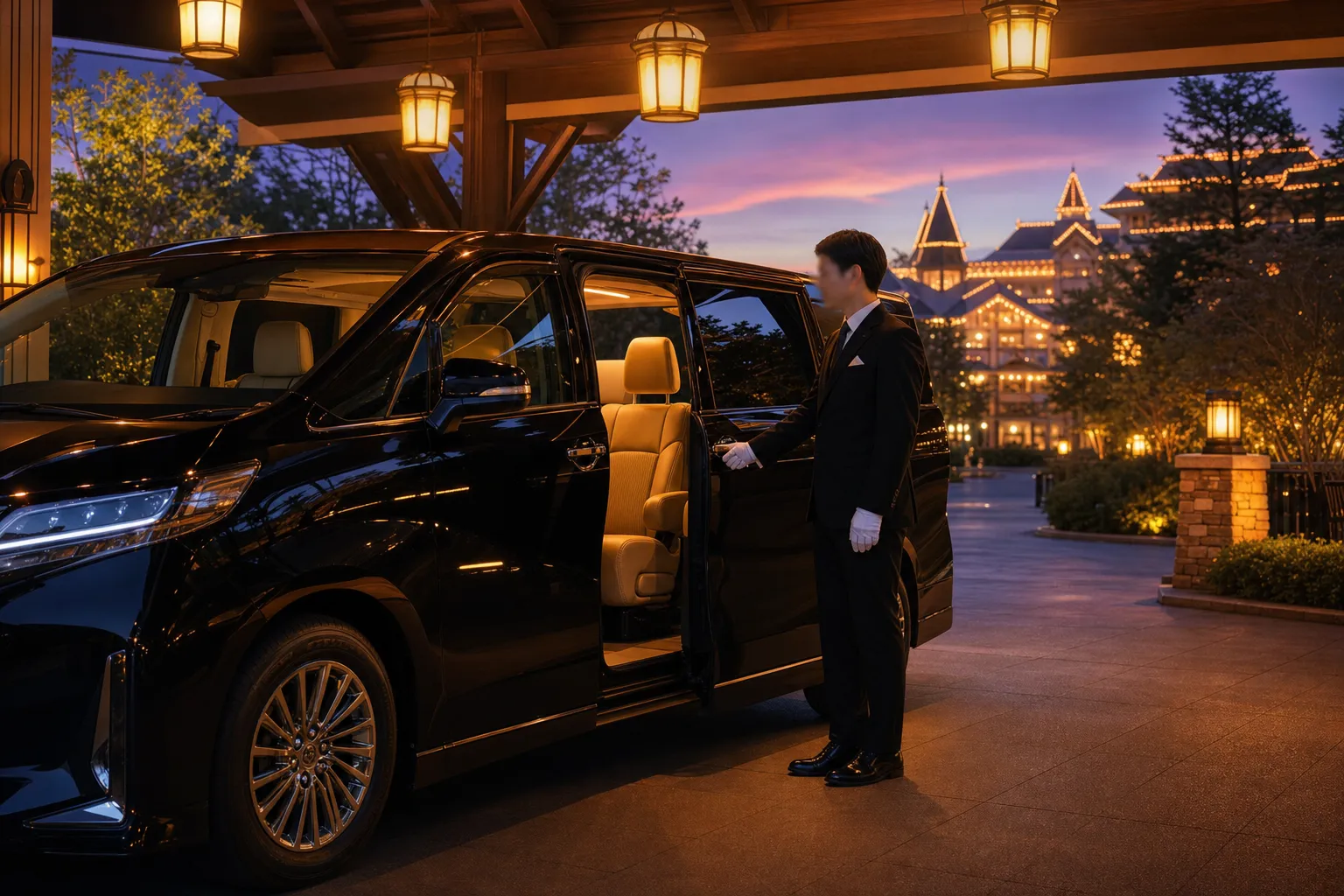 Black luxury minivan with open door and chauffeur at a resort drop-off at dusk