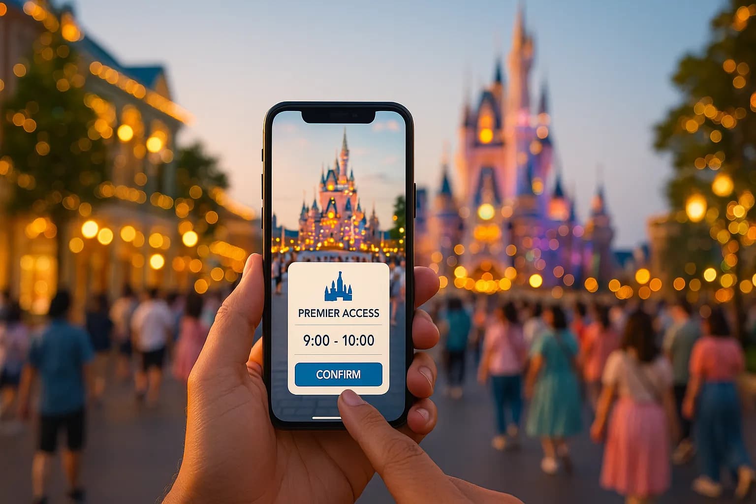 Hand holding a smartphone showing an in-park ride booking app with a blurred attraction behind