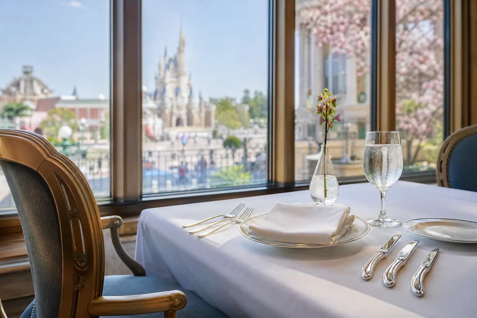Elegant French fine-dining place setting by a bright window in a quiet upscale restaurant