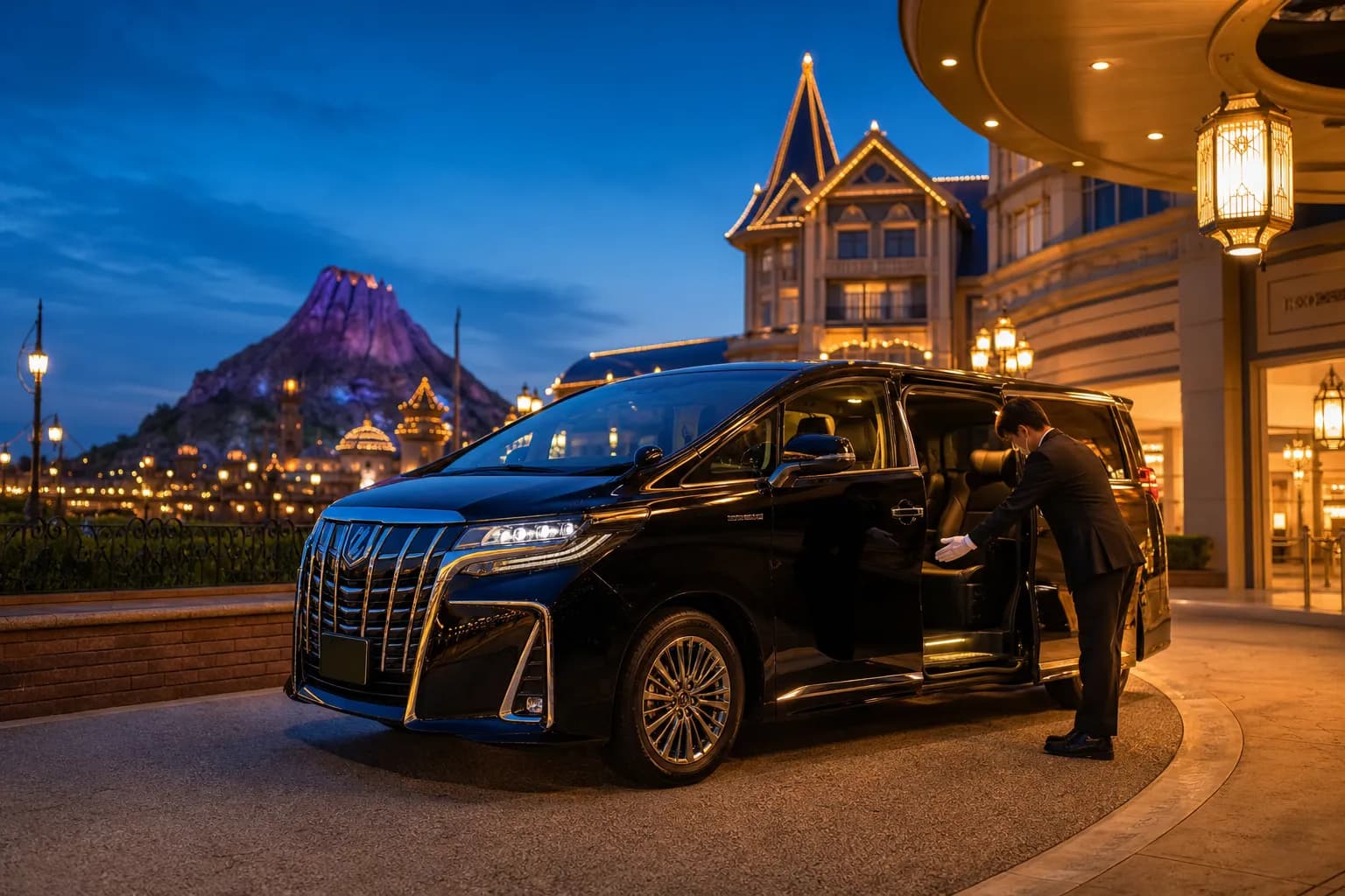 Black luxury minivan with open door and chauffeur at a resort drop-off at dusk