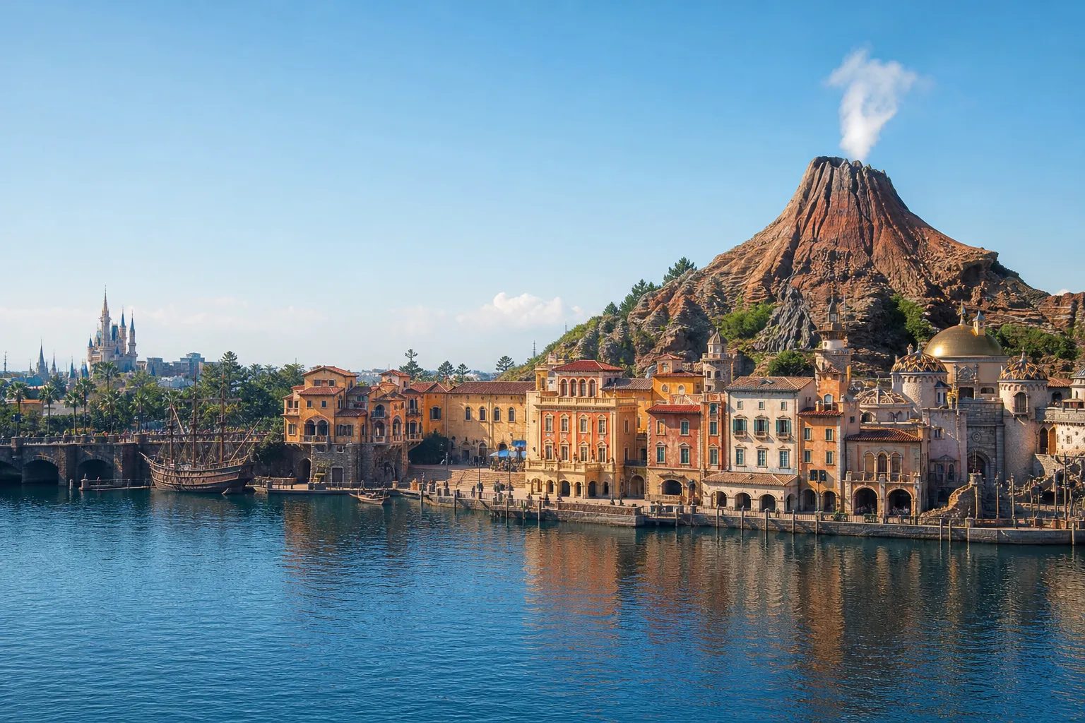 The nautical Mediterranean harbor and volcanic Mount Prometheus of Tokyo DisneySea seen across the water at midday, with the pale-blue castle spires of Tokyo Disneyland visible in a paired distant vie