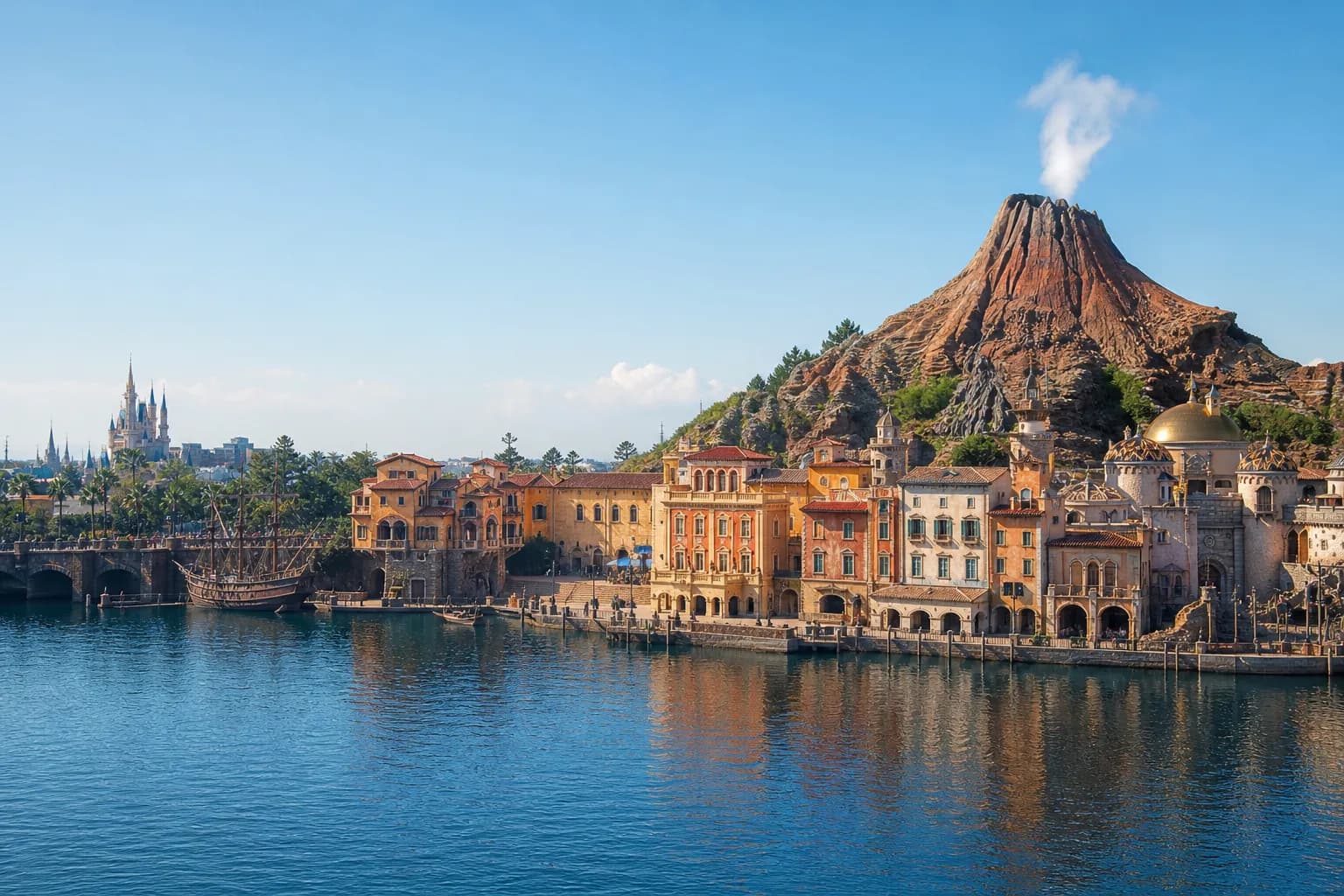 The nautical Mediterranean harbor and volcanic Mount Prometheus of Tokyo DisneySea seen across the water at midday, with the pale-blue castle spires of Tokyo Disneyland visible in a paired distant vie
