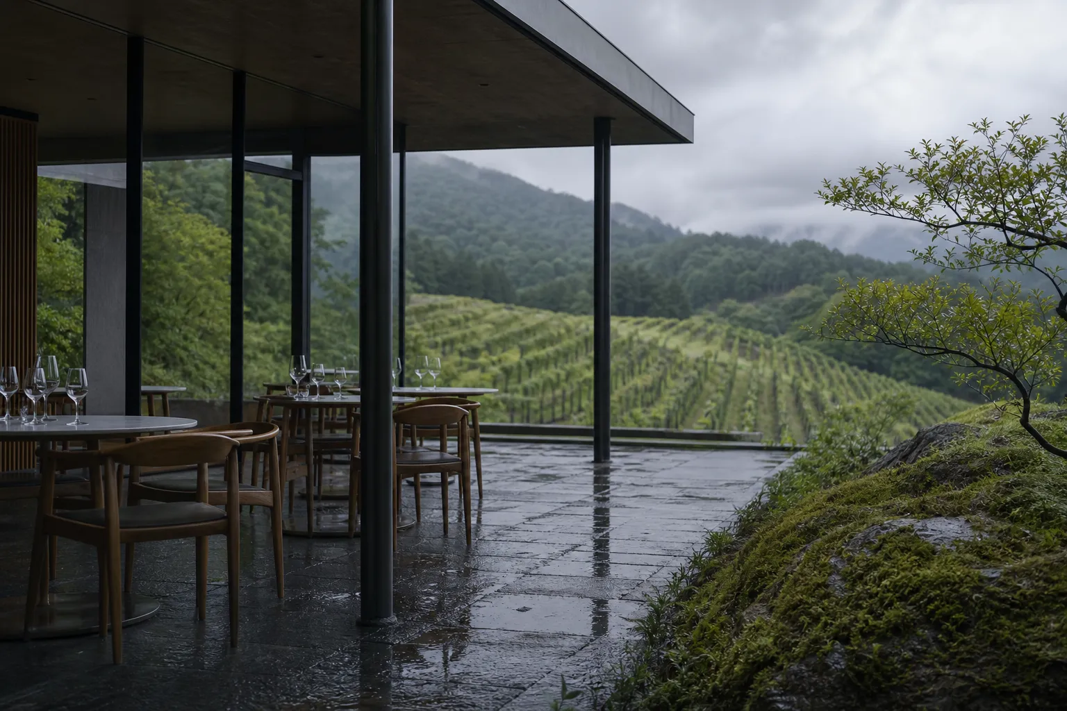 Modern tasting terrace at 98WINEs in Yamanashi overlooking vineyards