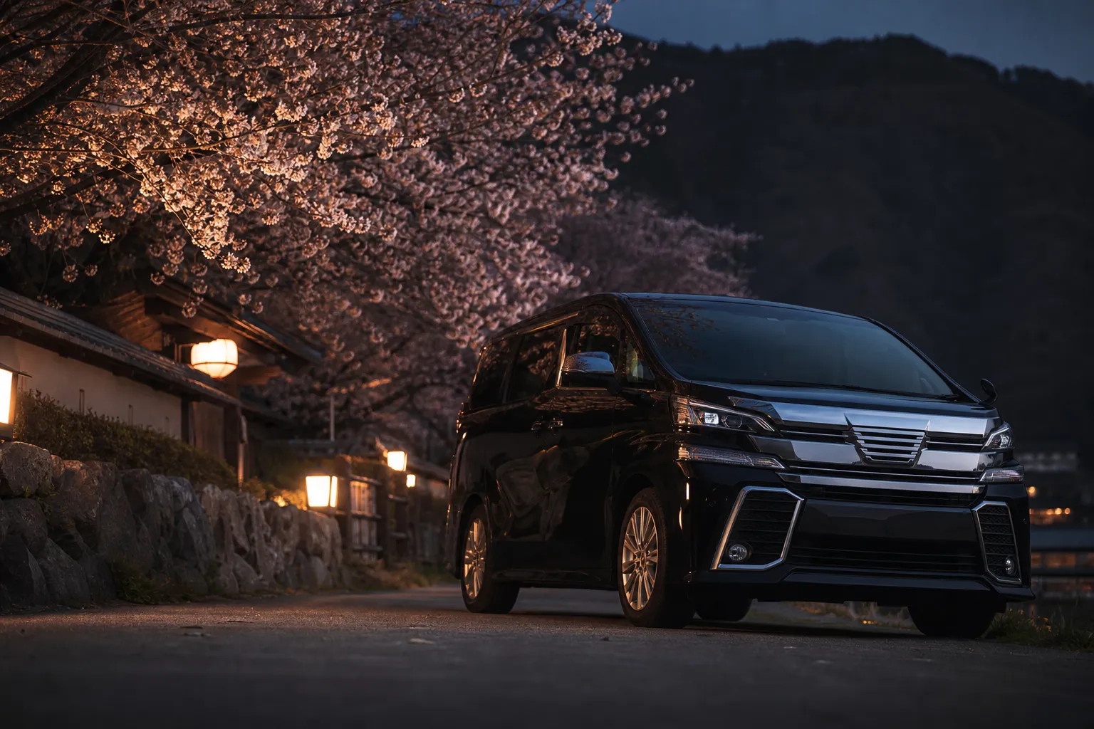Luxury chauffeured vehicle parked near vineyards in Yamanashi for a private wine day trip